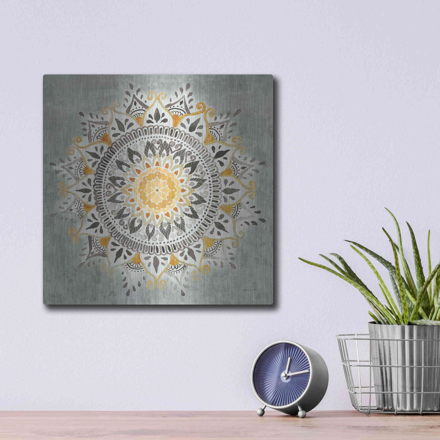 Luxe Metal Art 'Mandala Delight I Yellow Grey' by Danhui Nai, Metal Wall Art,12x12