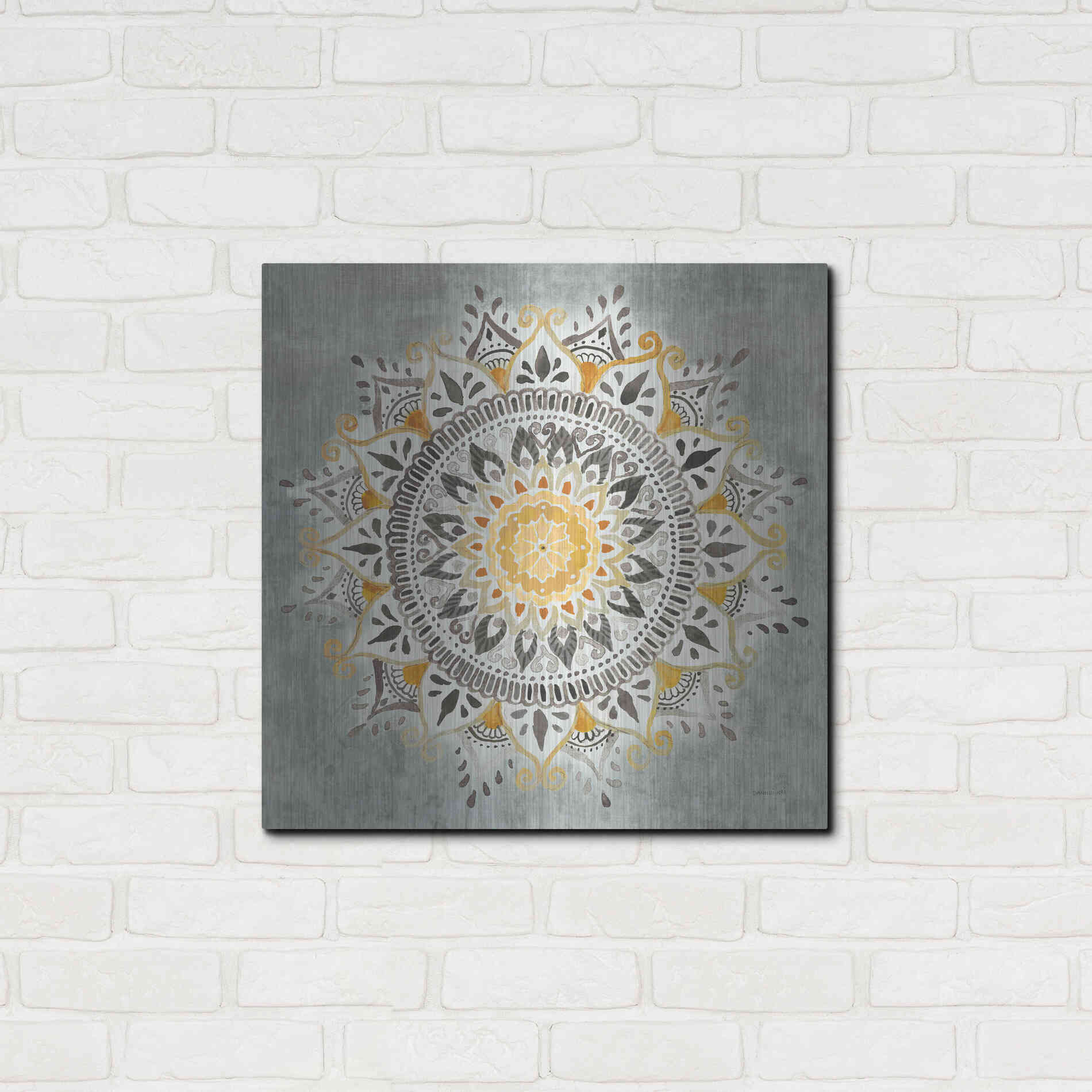Luxe Metal Art 'Mandala Delight I Yellow Grey' by Danhui Nai, Metal Wall Art,24x24