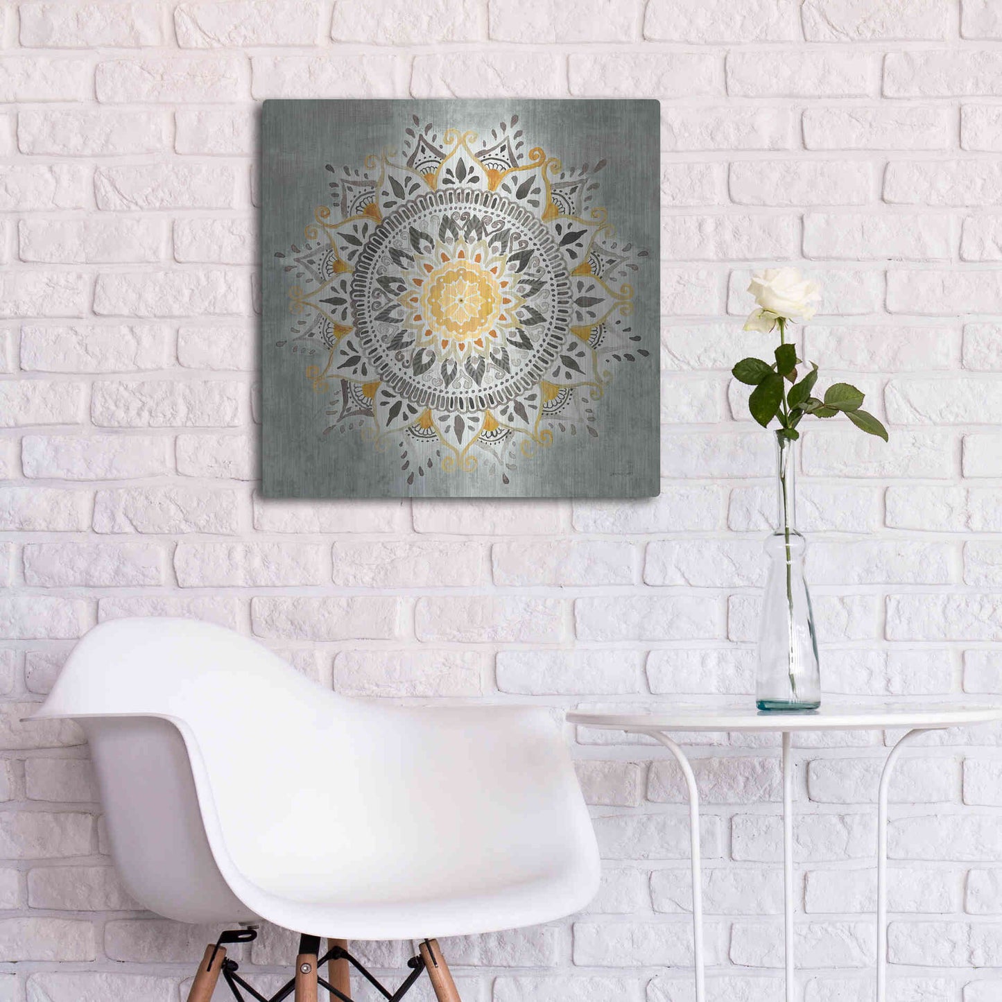 Luxe Metal Art 'Mandala Delight I Yellow Grey' by Danhui Nai, Metal Wall Art,24x24