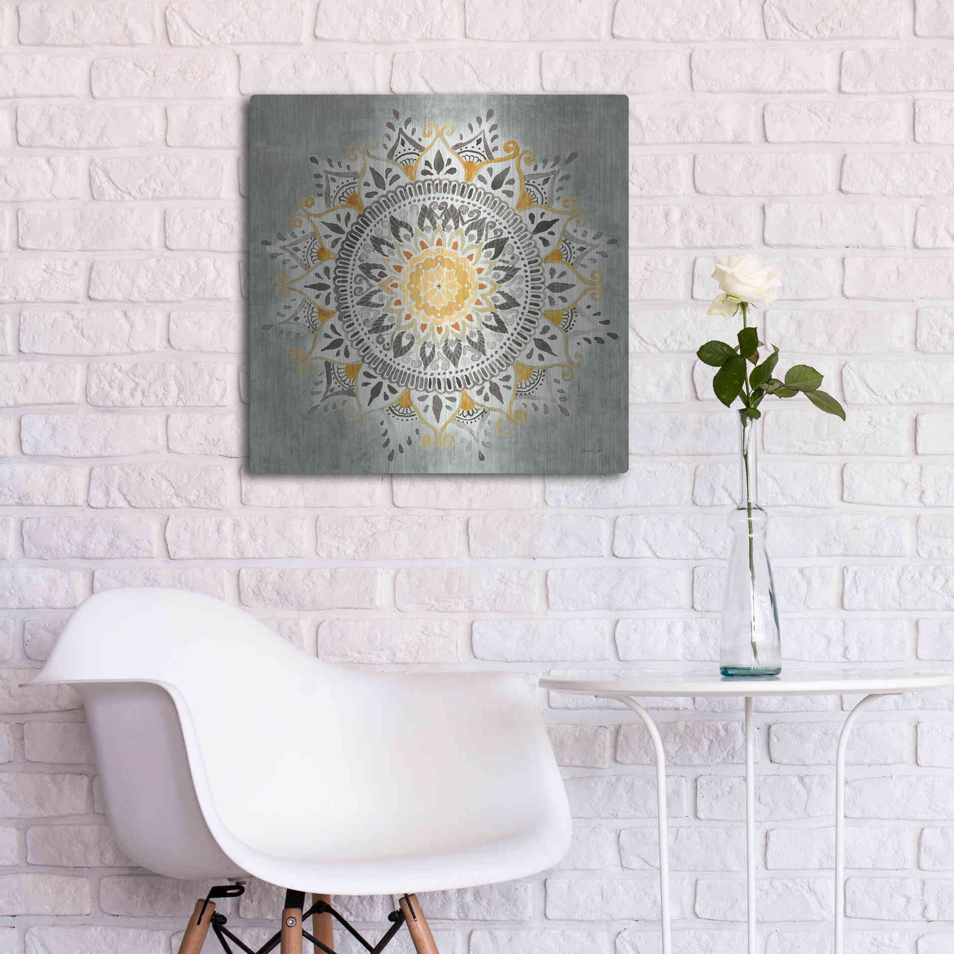 Luxe Metal Art 'Mandala Delight I Yellow Grey' by Danhui Nai, Metal Wall Art,24x24