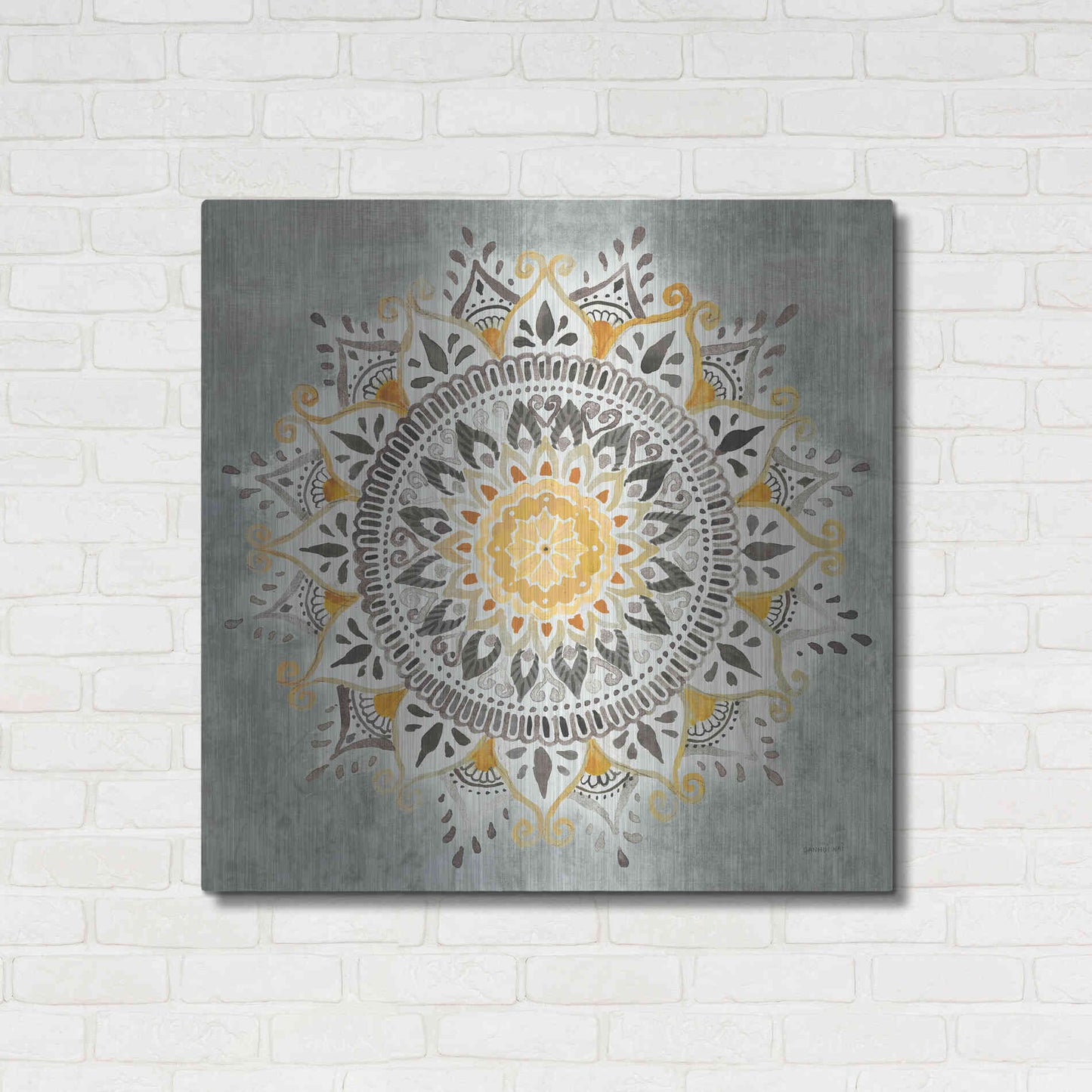 Luxe Metal Art 'Mandala Delight I Yellow Grey' by Danhui Nai, Metal Wall Art,36x36