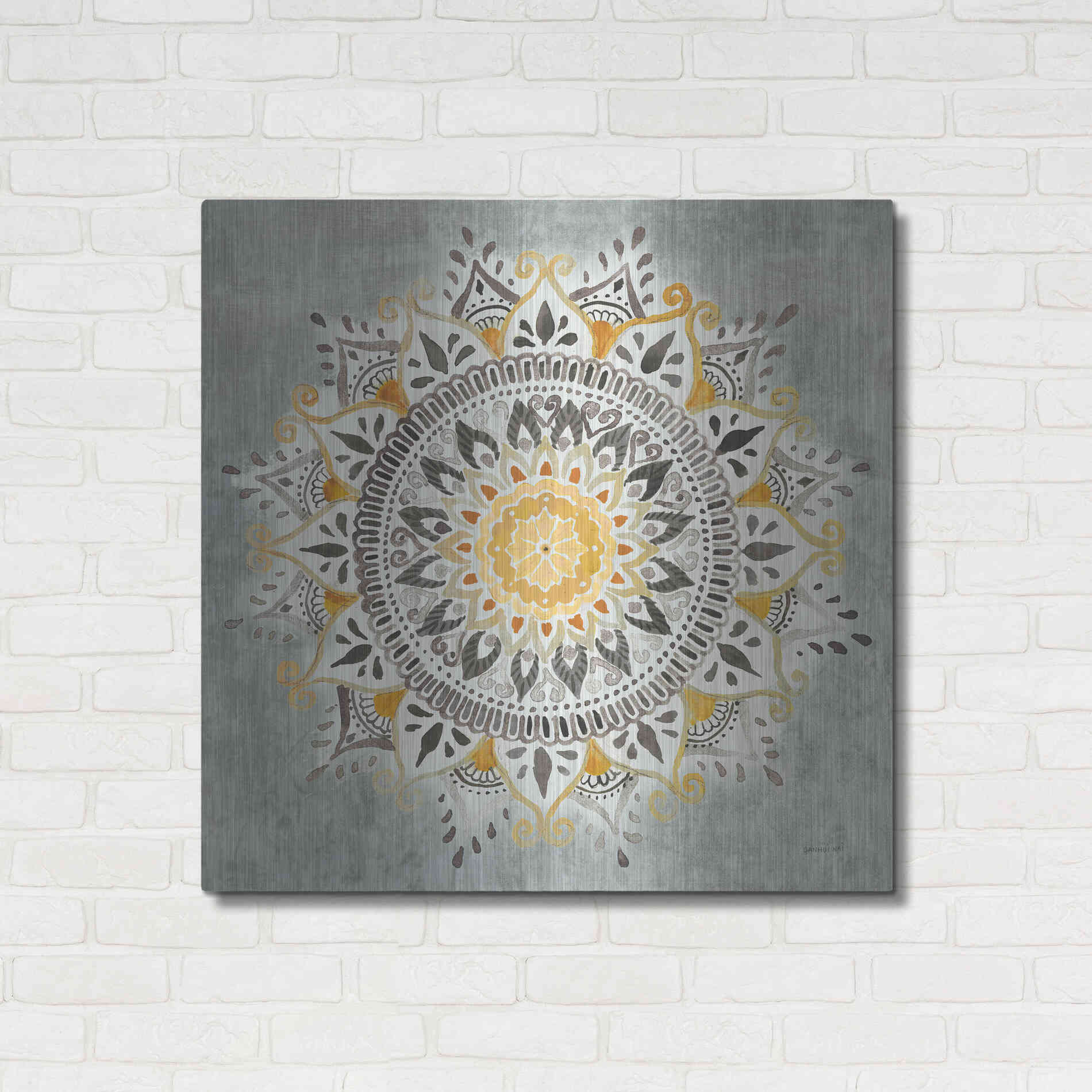 Luxe Metal Art 'Mandala Delight I Yellow Grey' by Danhui Nai, Metal Wall Art,36x36