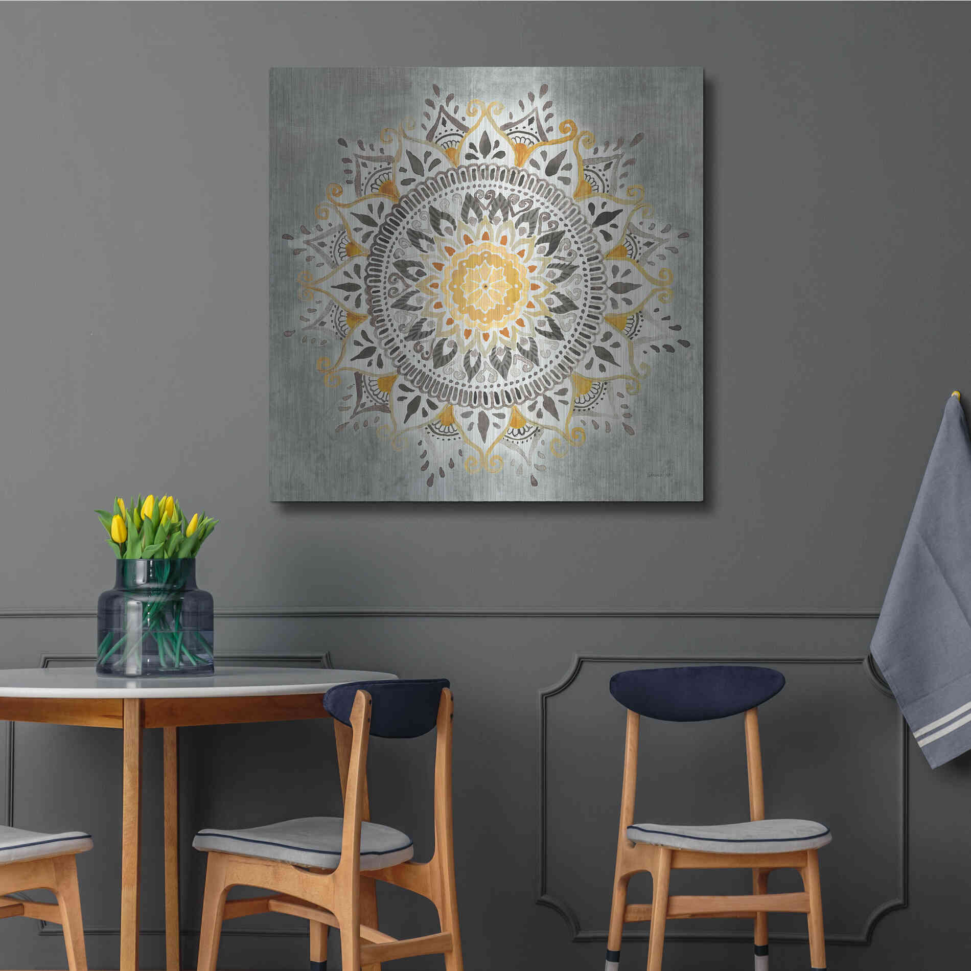 Luxe Metal Art 'Mandala Delight I Yellow Grey' by Danhui Nai, Metal Wall Art,36x36