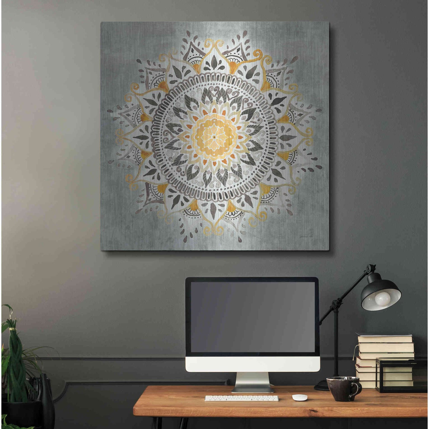 Luxe Metal Art 'Mandala Delight I Yellow Grey' by Danhui Nai, Metal Wall Art,36x36