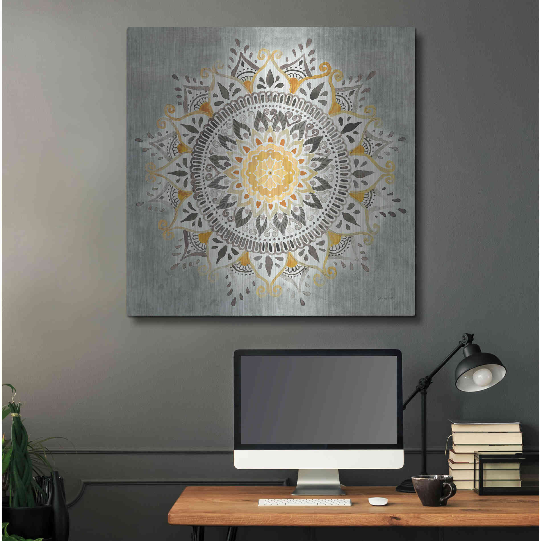 Luxe Metal Art 'Mandala Delight I Yellow Grey' by Danhui Nai, Metal Wall Art,36x36