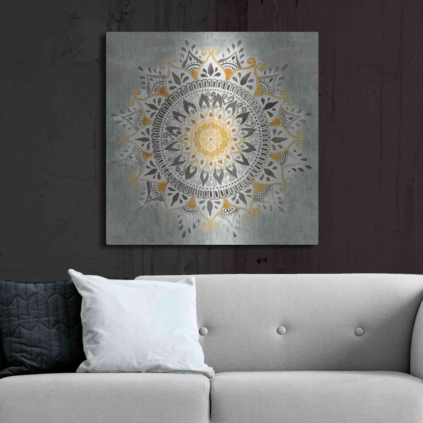 Luxe Metal Art 'Mandala Delight I Yellow Grey' by Danhui Nai, Metal Wall Art,36x36