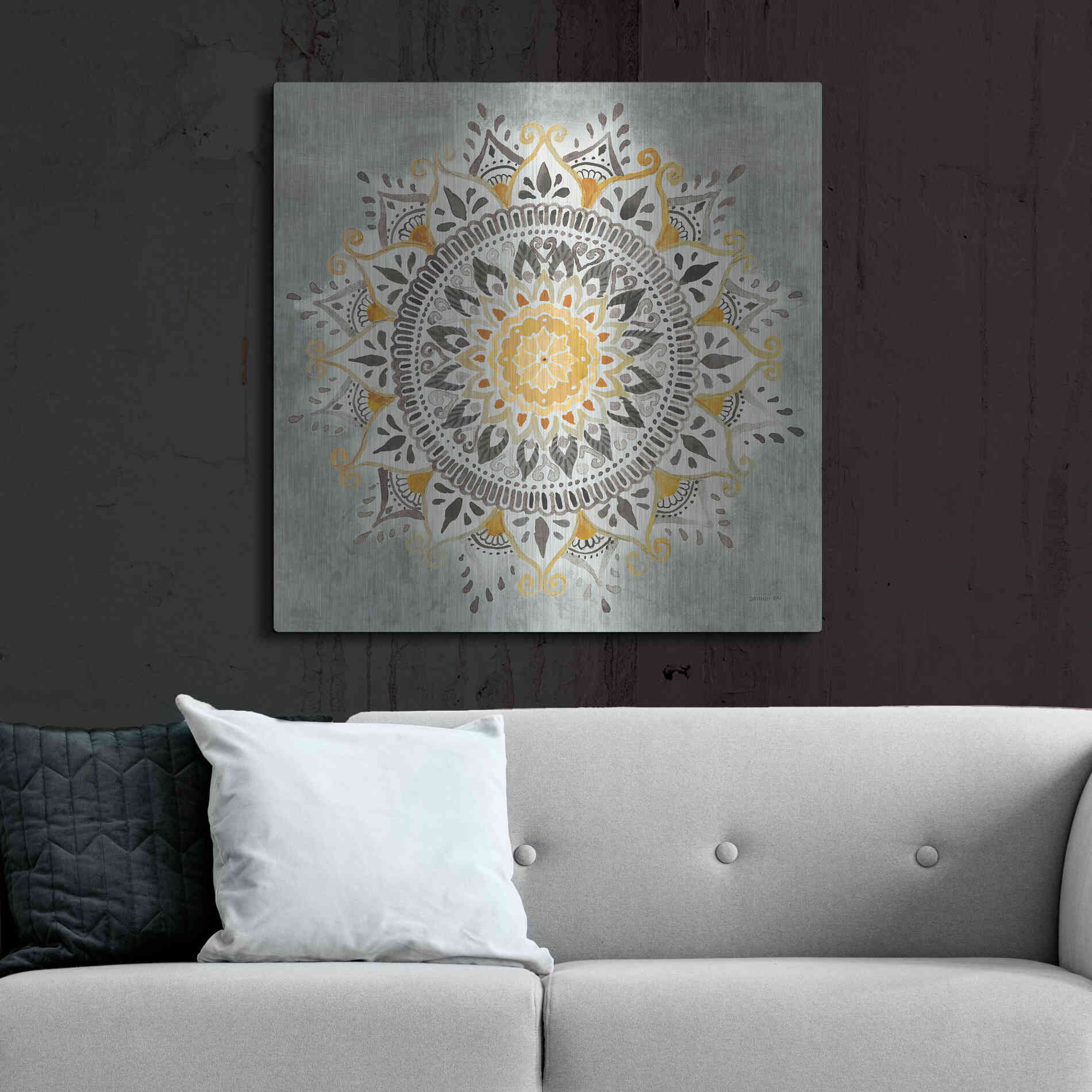 Luxe Metal Art 'Mandala Delight I Yellow Grey' by Danhui Nai, Metal Wall Art,36x36