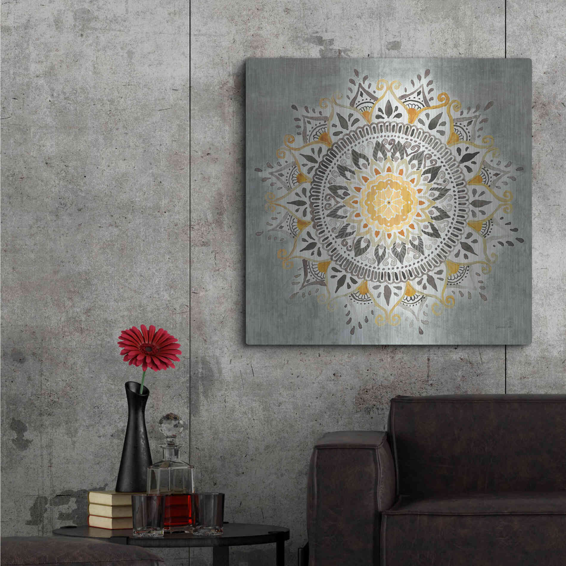 Luxe Metal Art 'Mandala Delight I Yellow Grey' by Danhui Nai, Metal Wall Art,36x36