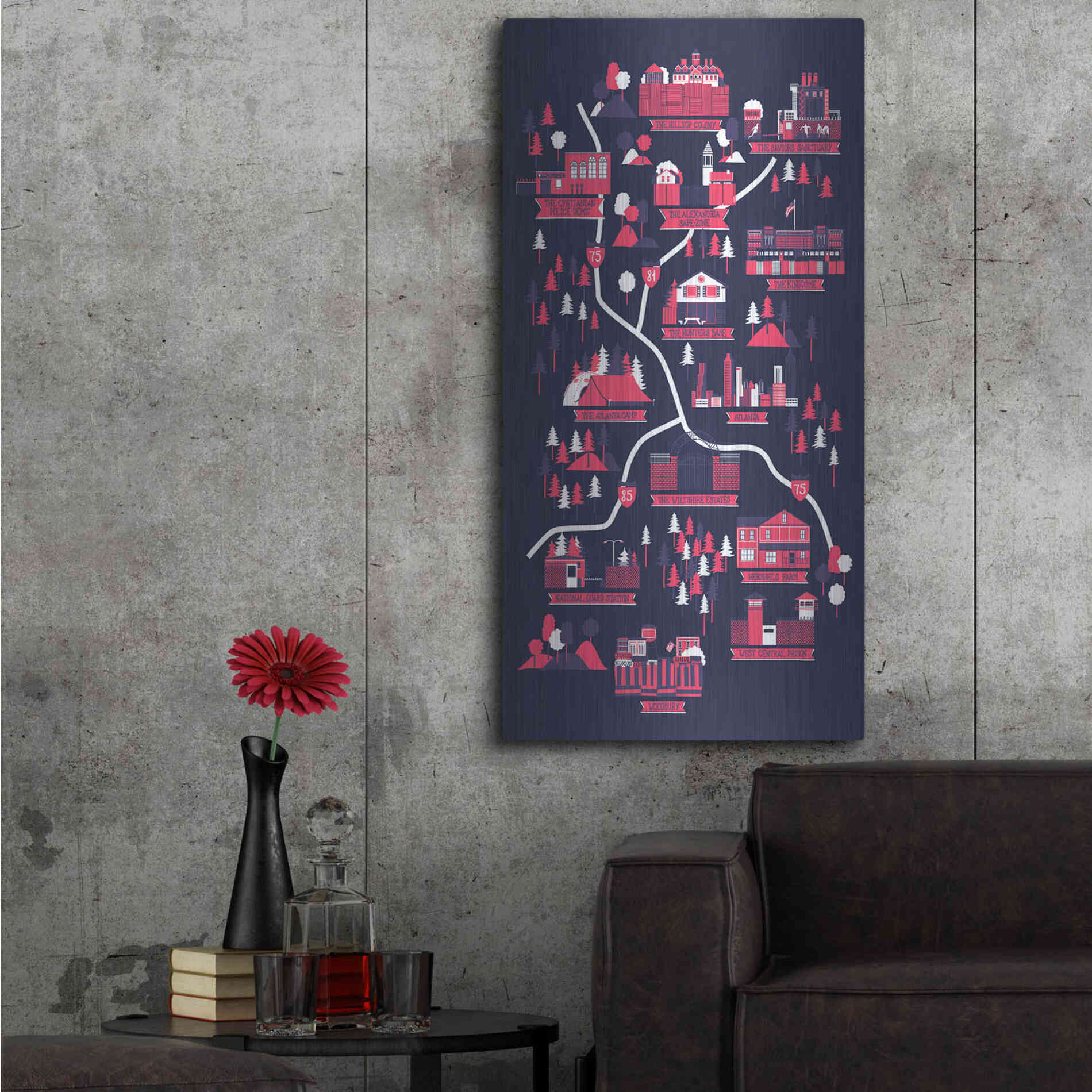 Luxe Metal Art 'The Walking Dead Map' by Robert Farkas, Metal Wall Art,24x48