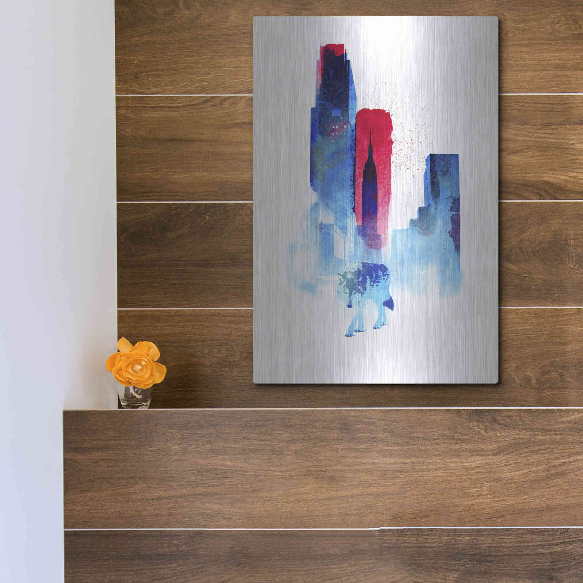 Luxe Metal Art 'The Wolf of the City' by Robert Farkas, Metal Wall Art,12x16