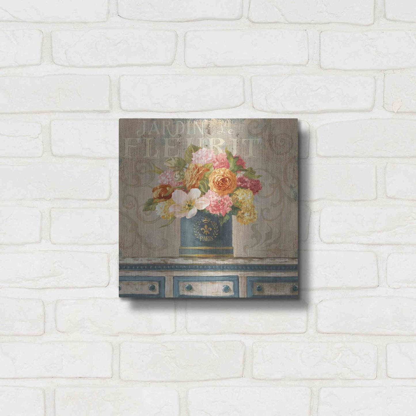 Luxe Metal Art 'Tulips in Teal and Gold Hatbox' by Danhui Nai, Metal Wall Art,12x12