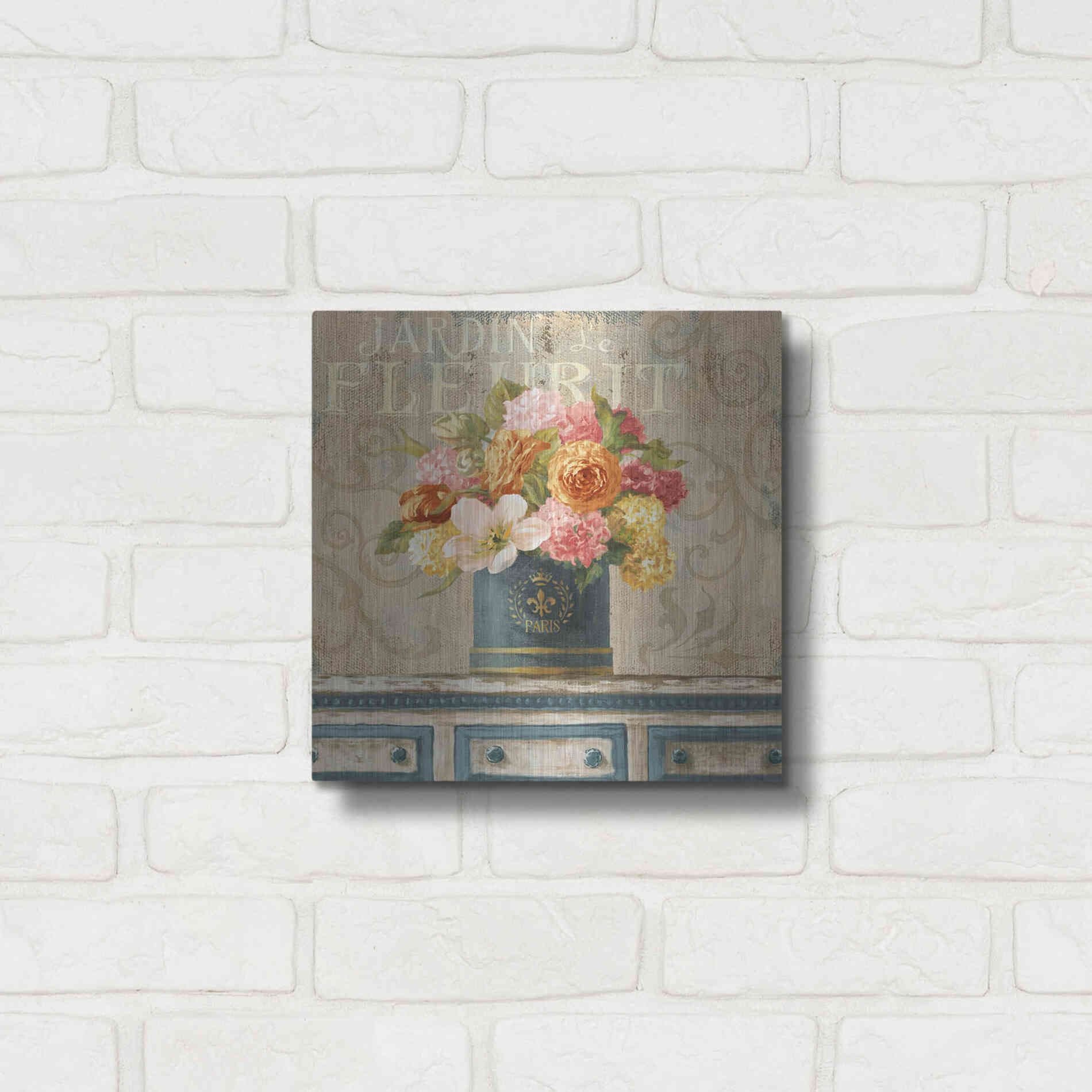 Luxe Metal Art 'Tulips in Teal and Gold Hatbox' by Danhui Nai, Metal Wall Art,12x12