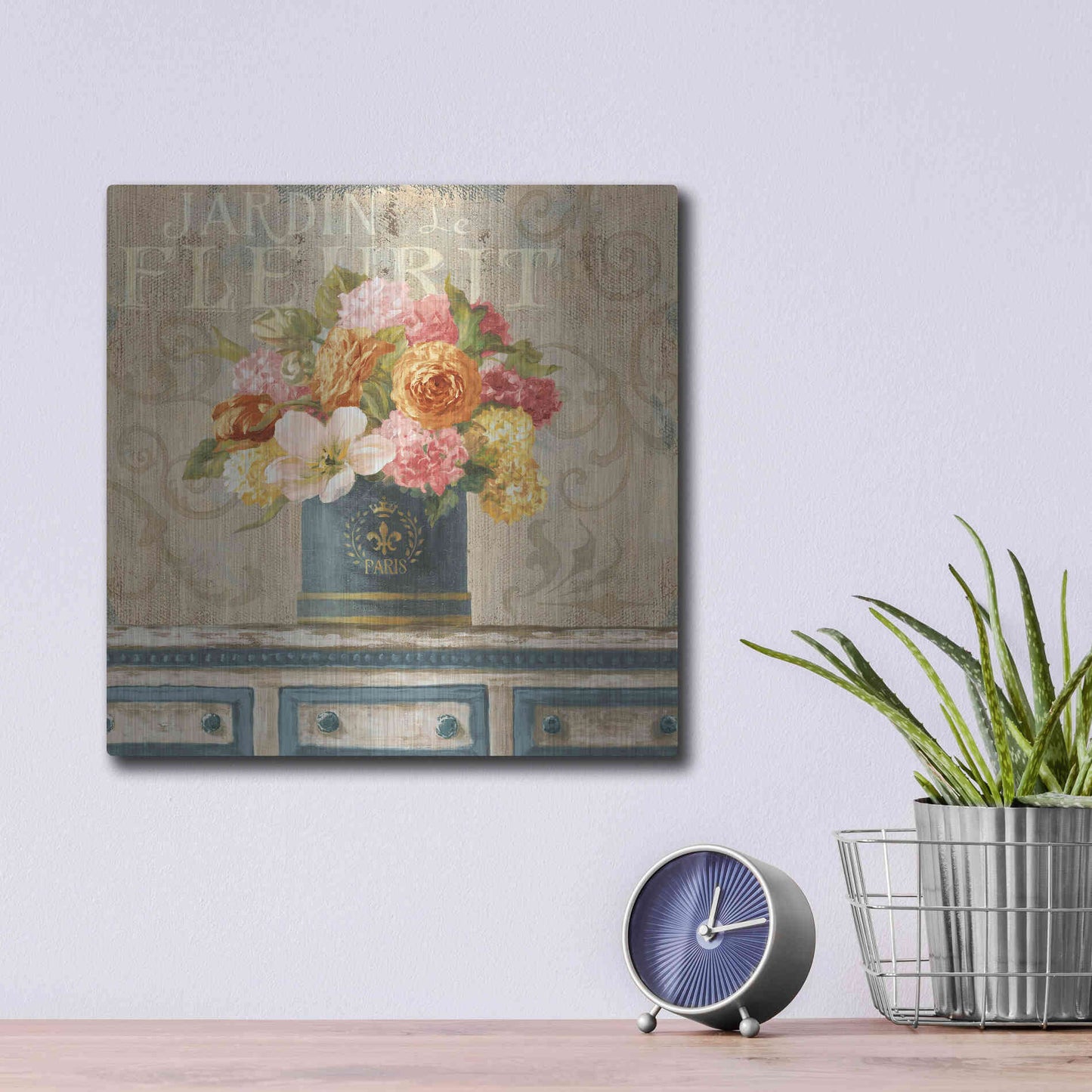 Luxe Metal Art 'Tulips in Teal and Gold Hatbox' by Danhui Nai, Metal Wall Art,12x12