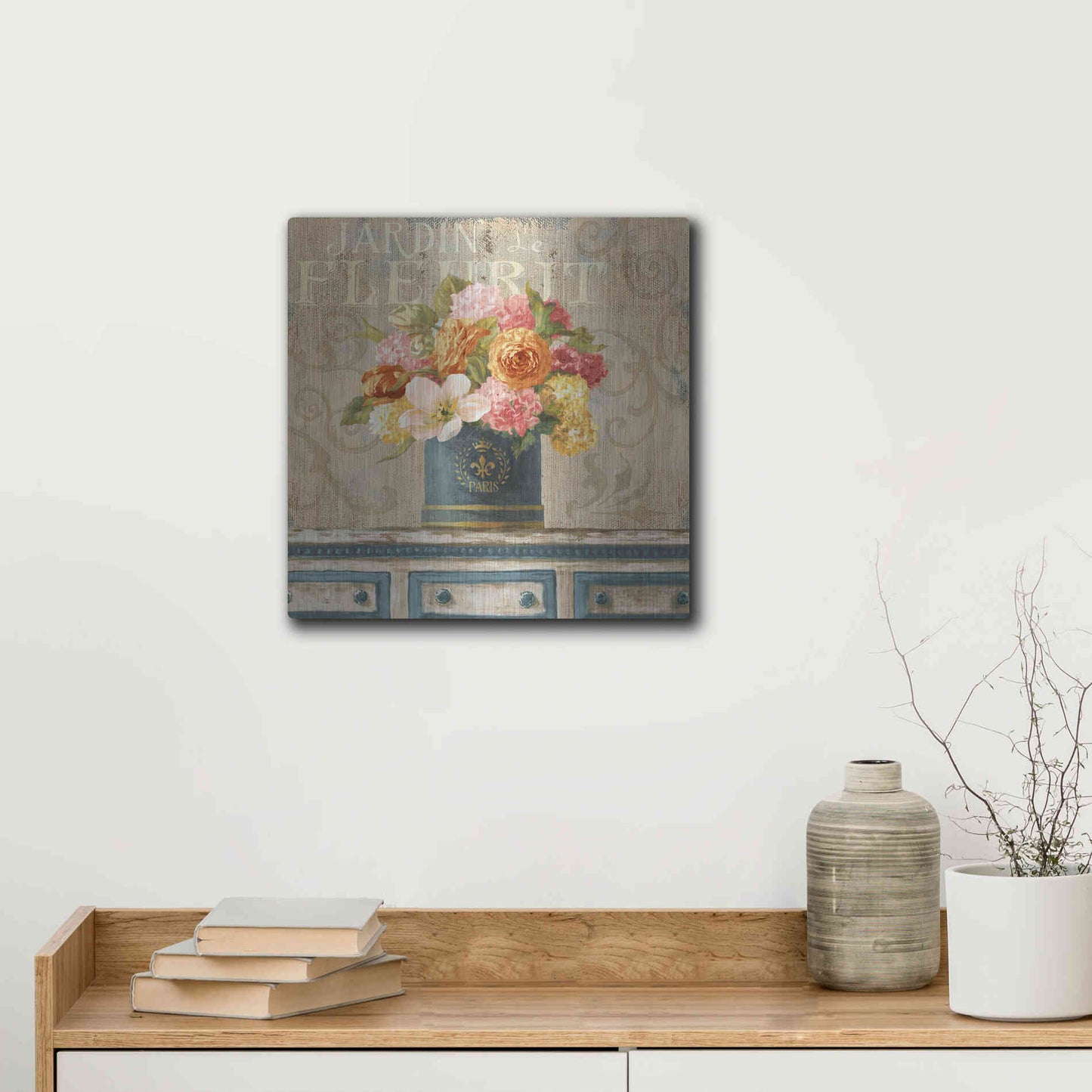 Luxe Metal Art 'Tulips in Teal and Gold Hatbox' by Danhui Nai, Metal Wall Art,12x12