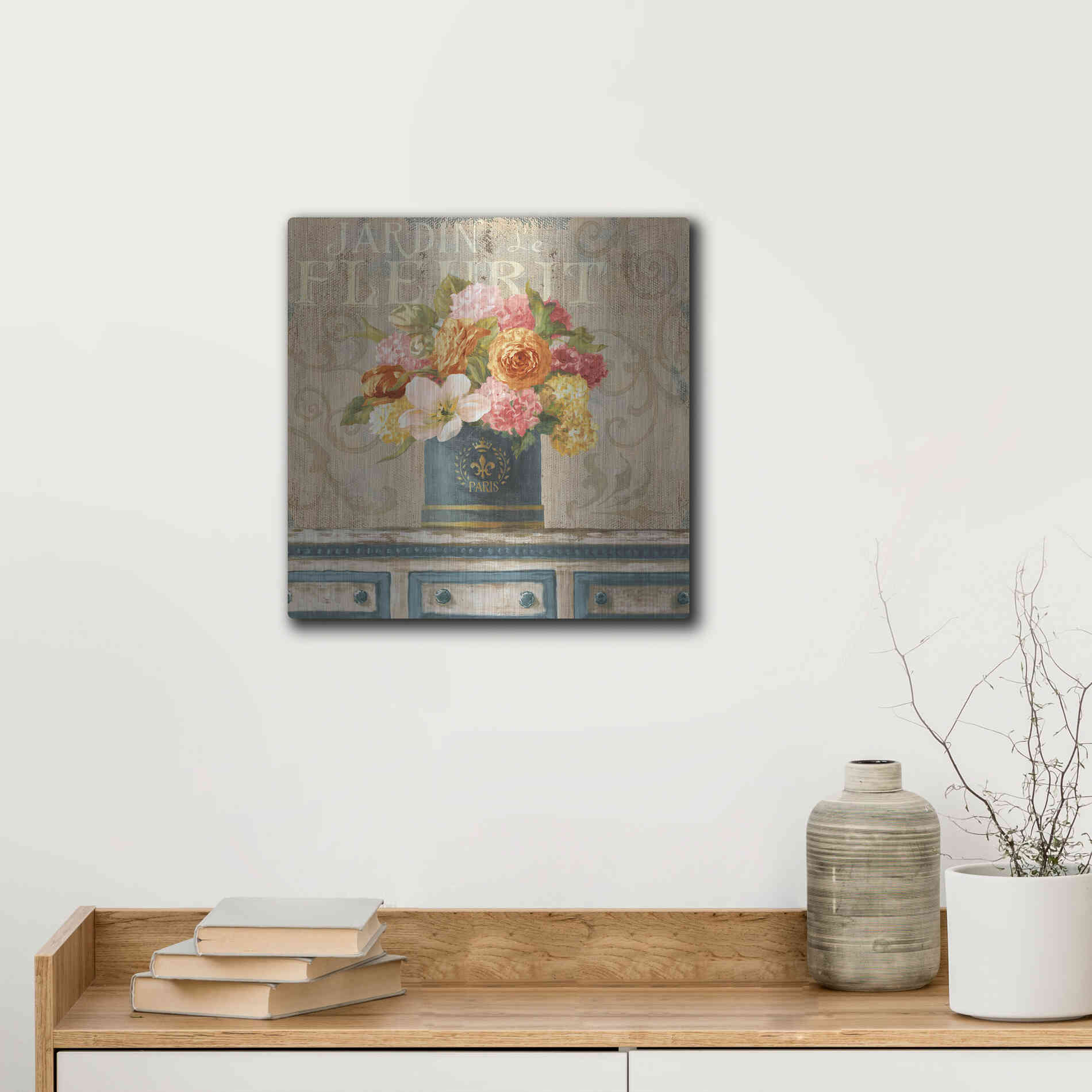 Luxe Metal Art 'Tulips in Teal and Gold Hatbox' by Danhui Nai, Metal Wall Art,12x12