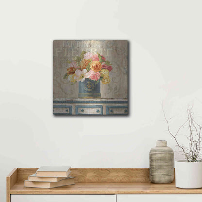 Luxe Metal Art 'Tulips in Teal and Gold Hatbox' by Danhui Nai, Metal Wall Art,12x12