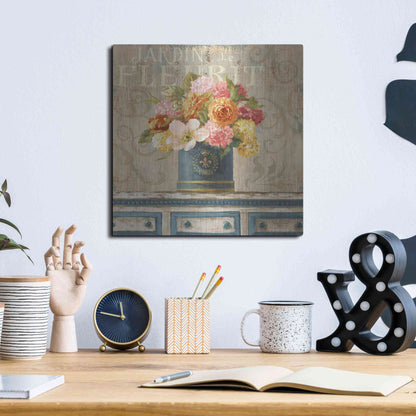 Luxe Metal Art 'Tulips in Teal and Gold Hatbox' by Danhui Nai, Metal Wall Art,12x12