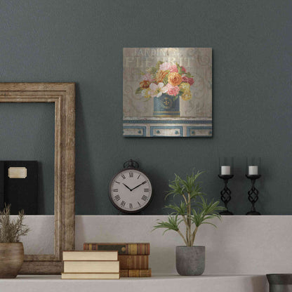 Luxe Metal Art 'Tulips in Teal and Gold Hatbox' by Danhui Nai, Metal Wall Art,12x12
