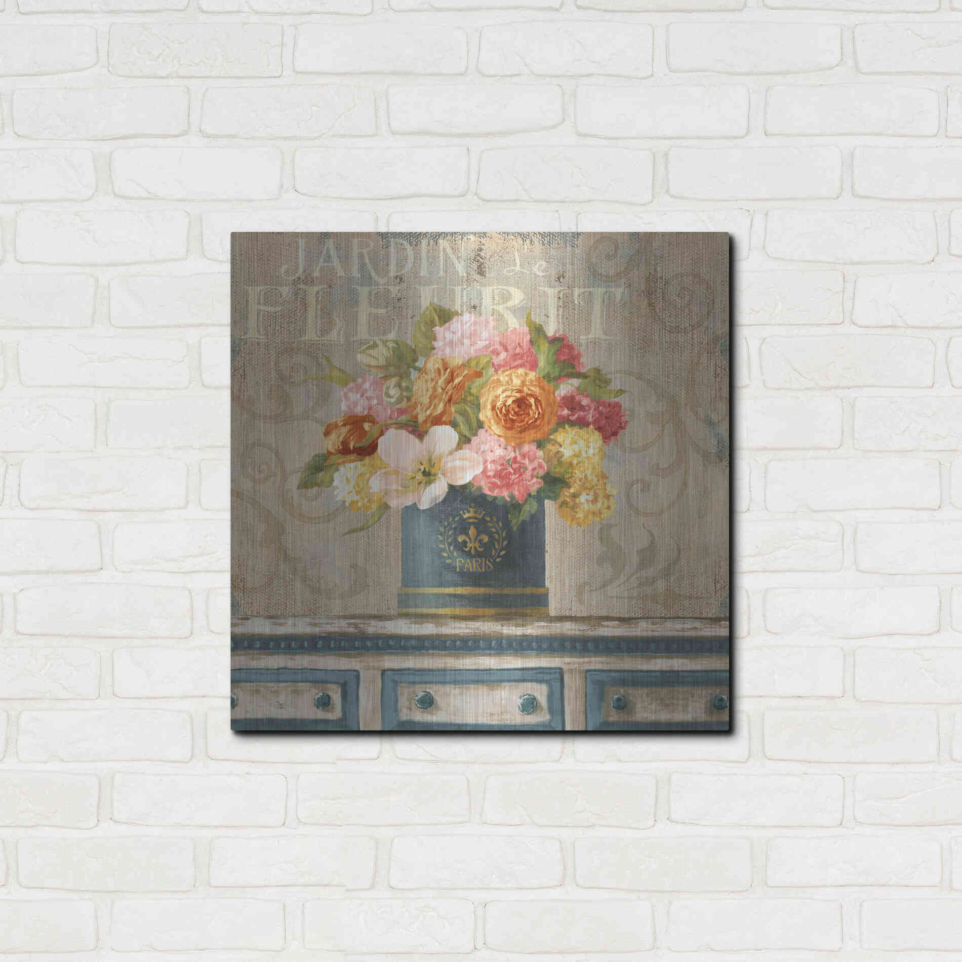 Luxe Metal Art 'Tulips in Teal and Gold Hatbox' by Danhui Nai, Metal Wall Art,24x24