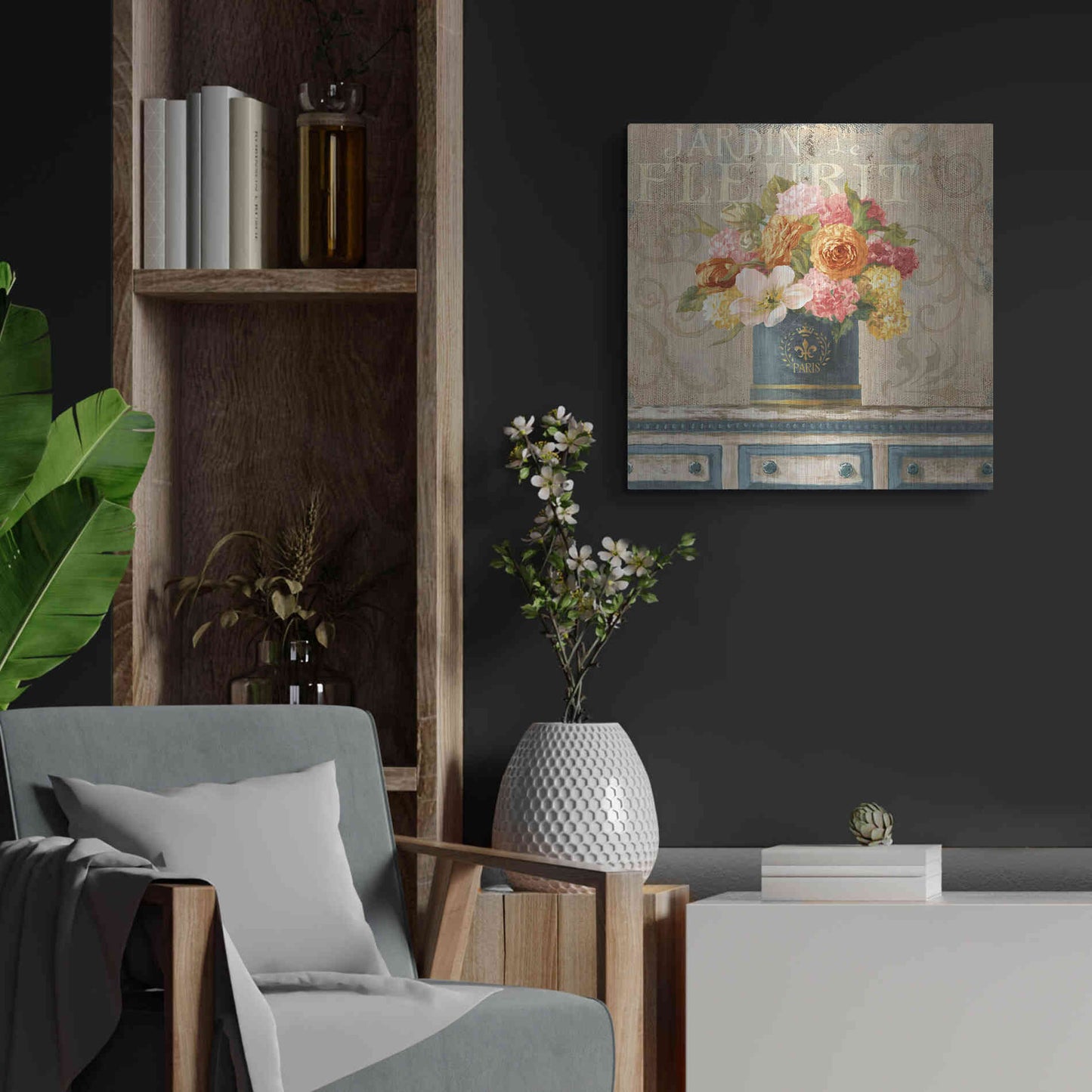 Luxe Metal Art 'Tulips in Teal and Gold Hatbox' by Danhui Nai, Metal Wall Art,24x24