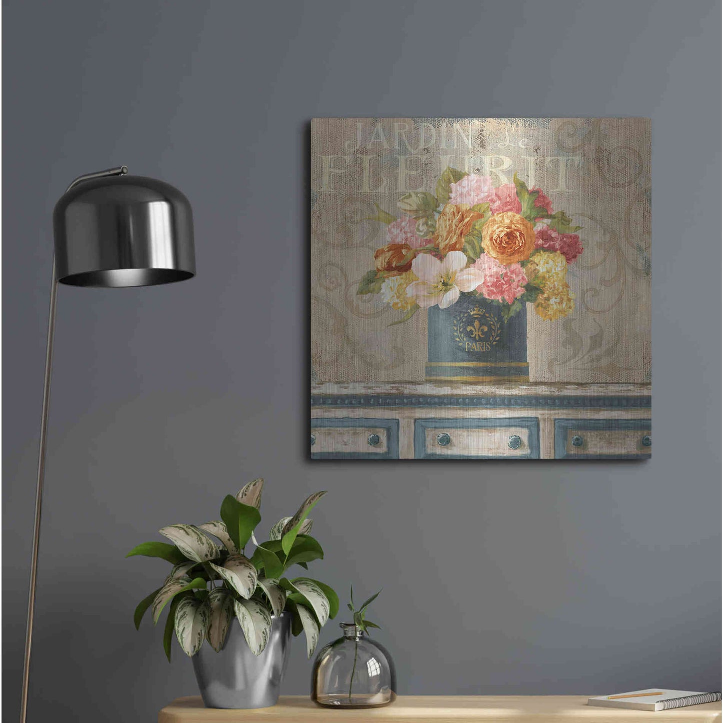 Luxe Metal Art 'Tulips in Teal and Gold Hatbox' by Danhui Nai, Metal Wall Art,24x24