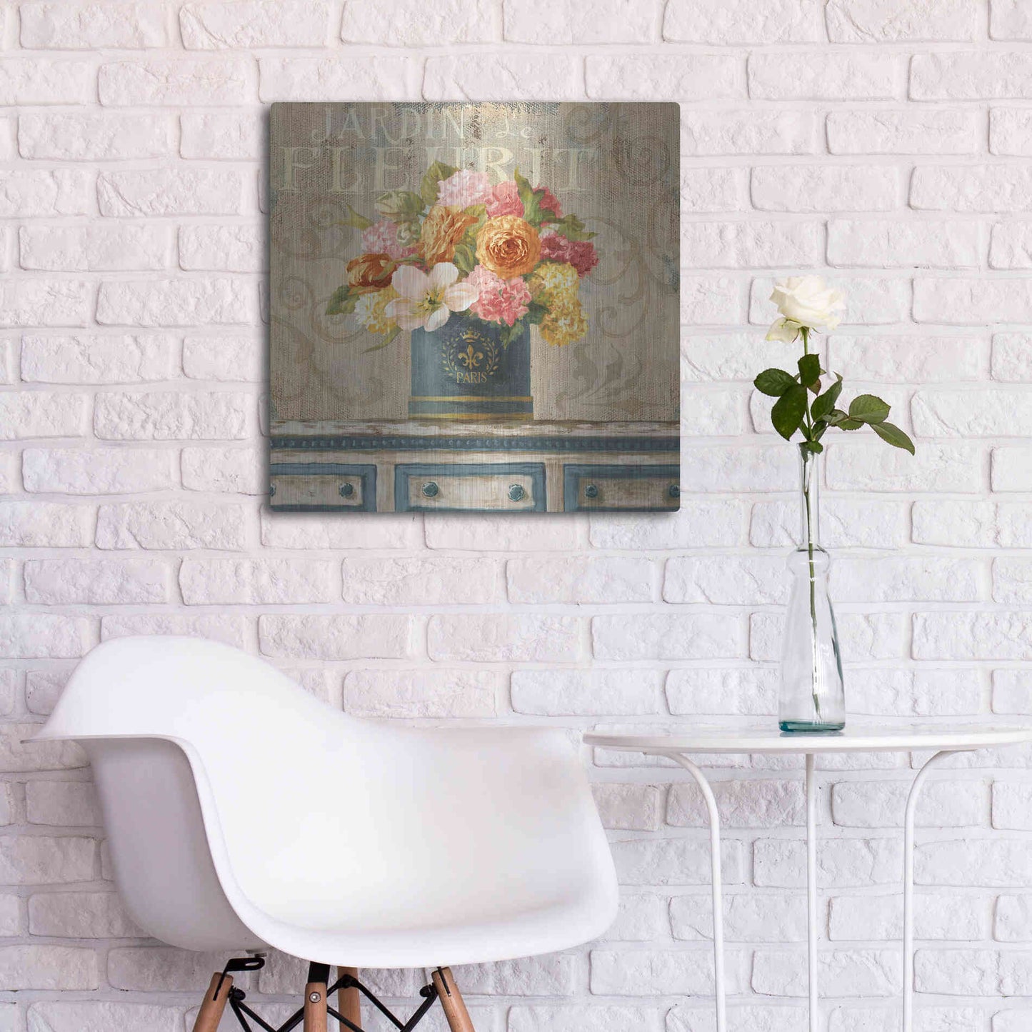 Luxe Metal Art 'Tulips in Teal and Gold Hatbox' by Danhui Nai, Metal Wall Art,24x24