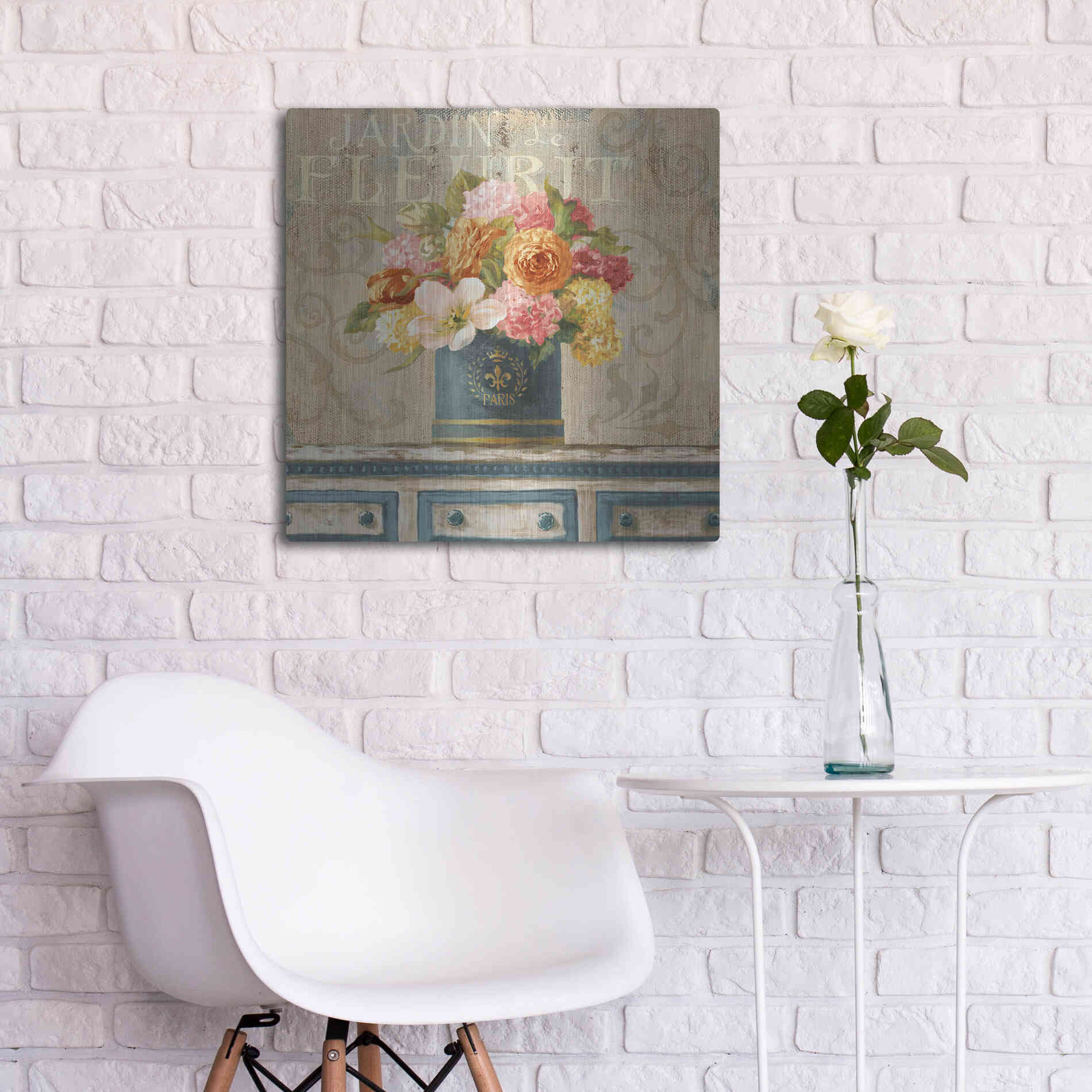 Luxe Metal Art 'Tulips in Teal and Gold Hatbox' by Danhui Nai, Metal Wall Art,24x24