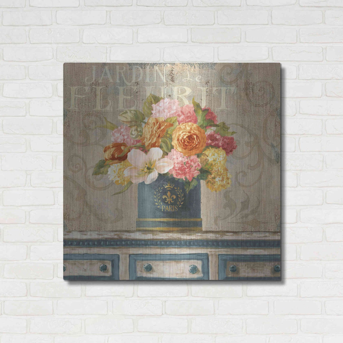 Luxe Metal Art 'Tulips in Teal and Gold Hatbox' by Danhui Nai, Metal Wall Art,36x36