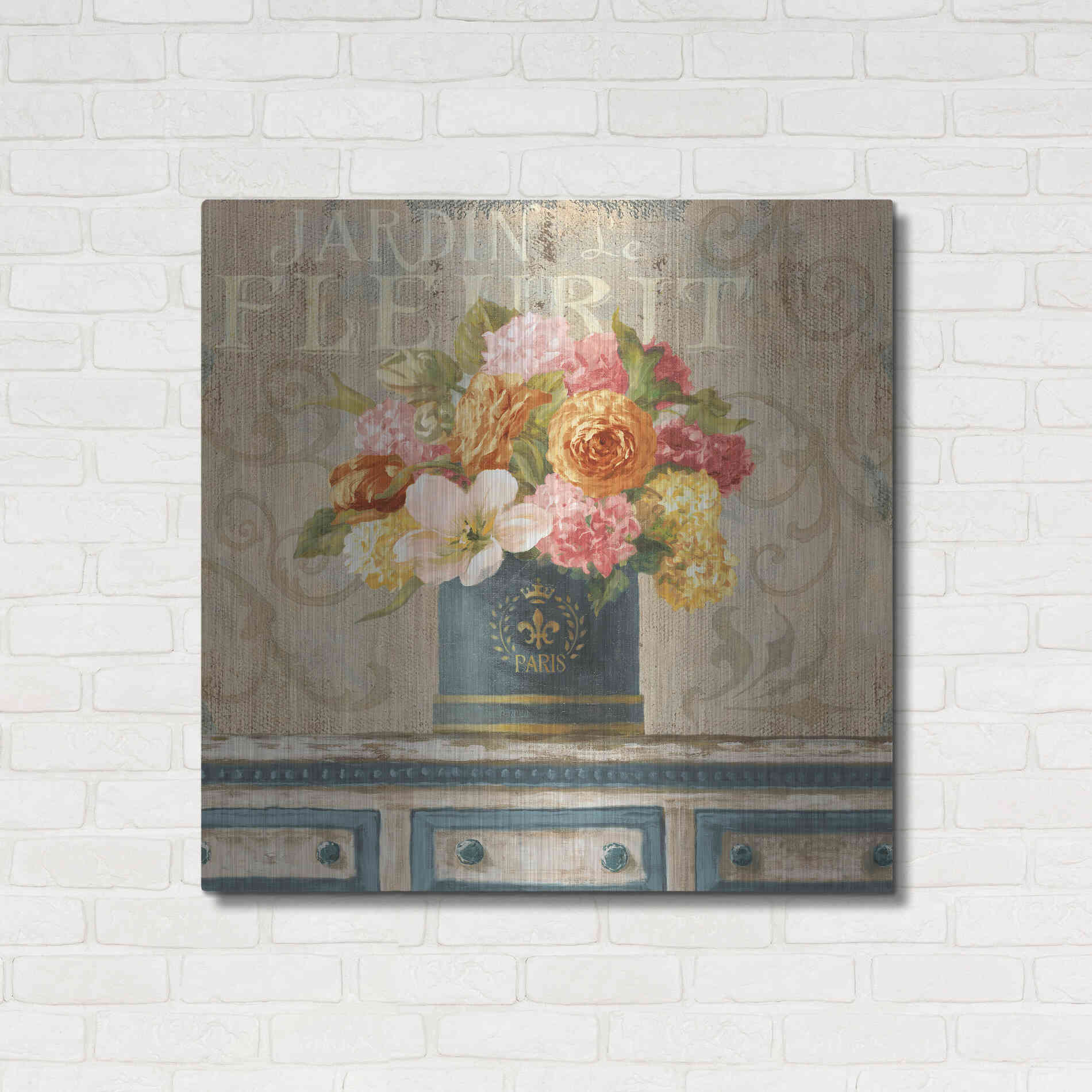 Luxe Metal Art 'Tulips in Teal and Gold Hatbox' by Danhui Nai, Metal Wall Art,36x36