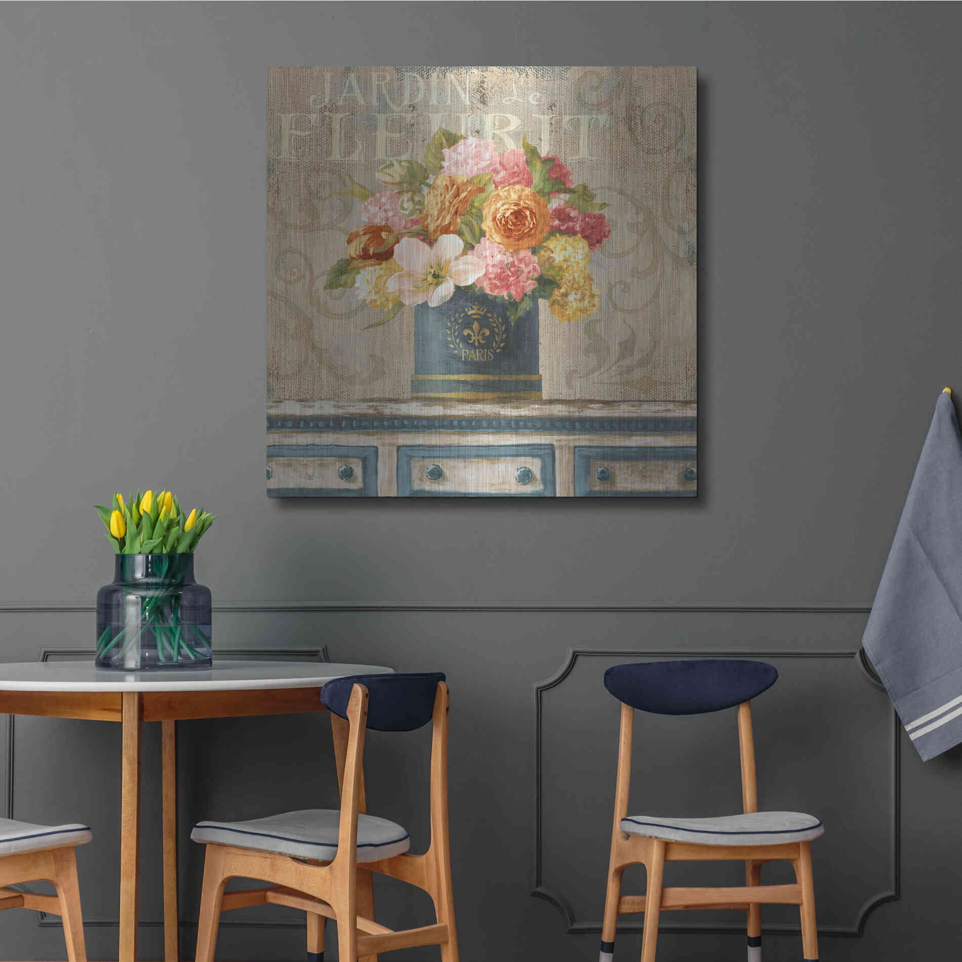 Luxe Metal Art 'Tulips in Teal and Gold Hatbox' by Danhui Nai, Metal Wall Art,36x36