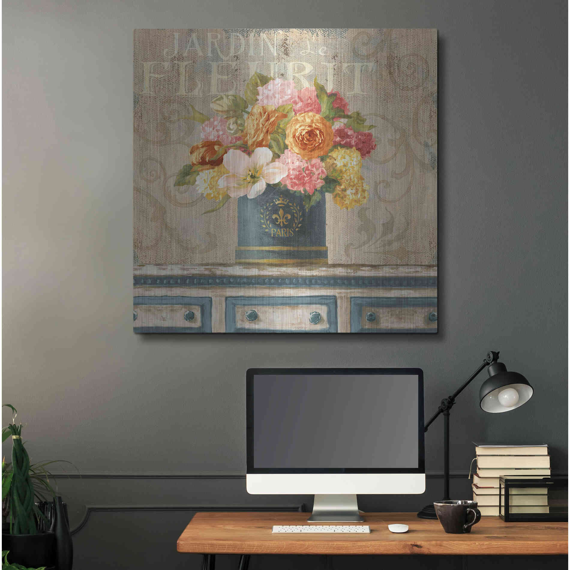 Luxe Metal Art 'Tulips in Teal and Gold Hatbox' by Danhui Nai, Metal Wall Art,36x36