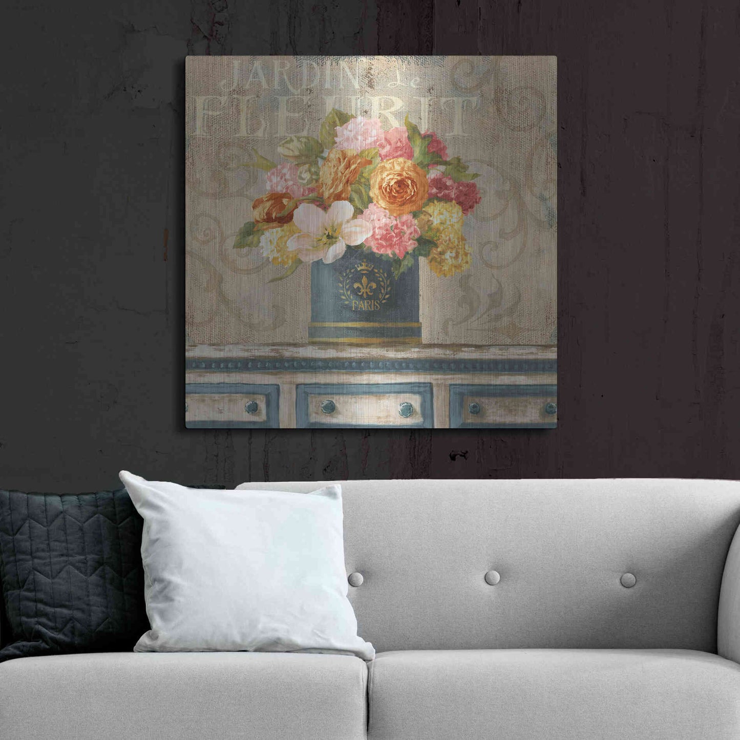 Luxe Metal Art 'Tulips in Teal and Gold Hatbox' by Danhui Nai, Metal Wall Art,36x36