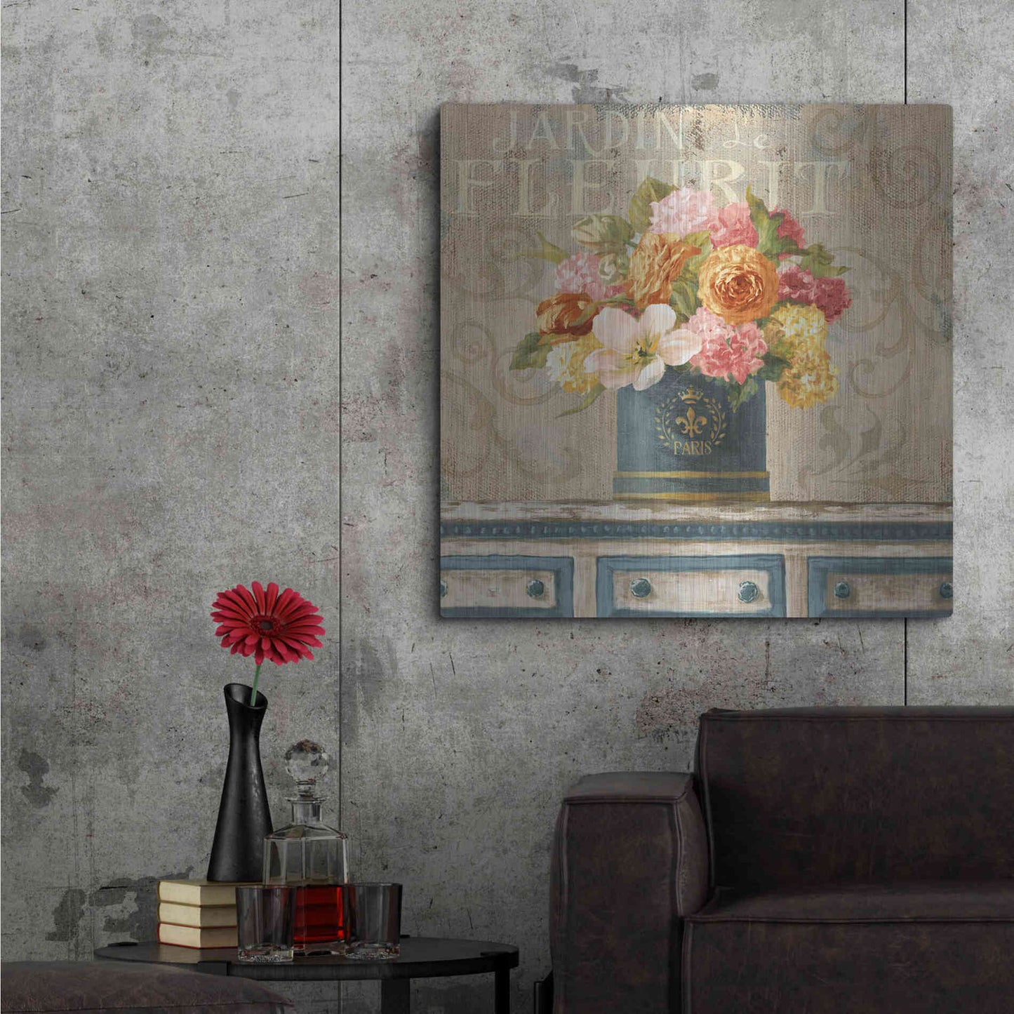 Luxe Metal Art 'Tulips in Teal and Gold Hatbox' by Danhui Nai, Metal Wall Art,36x36