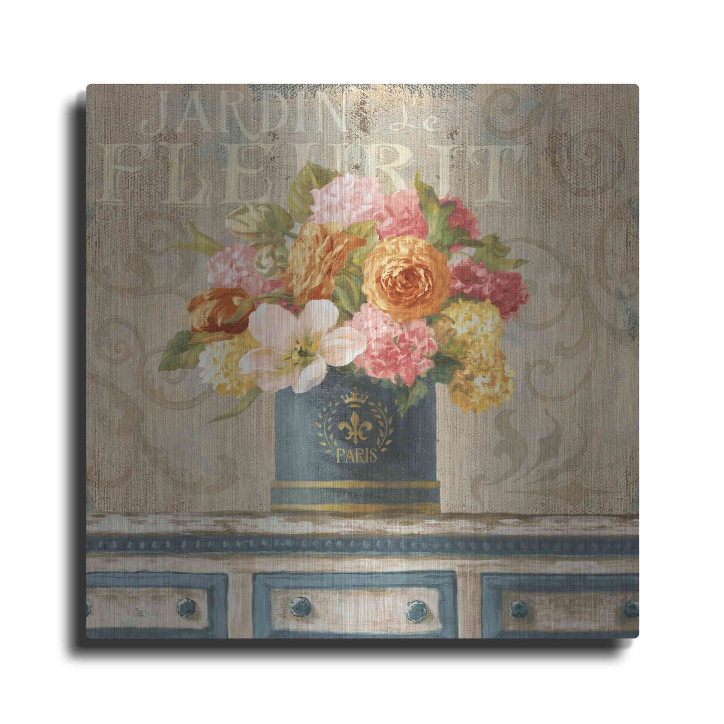 Luxe Metal Art 'Tulips in Teal and Gold Hatbox' by Danhui Nai, Metal Wall Art