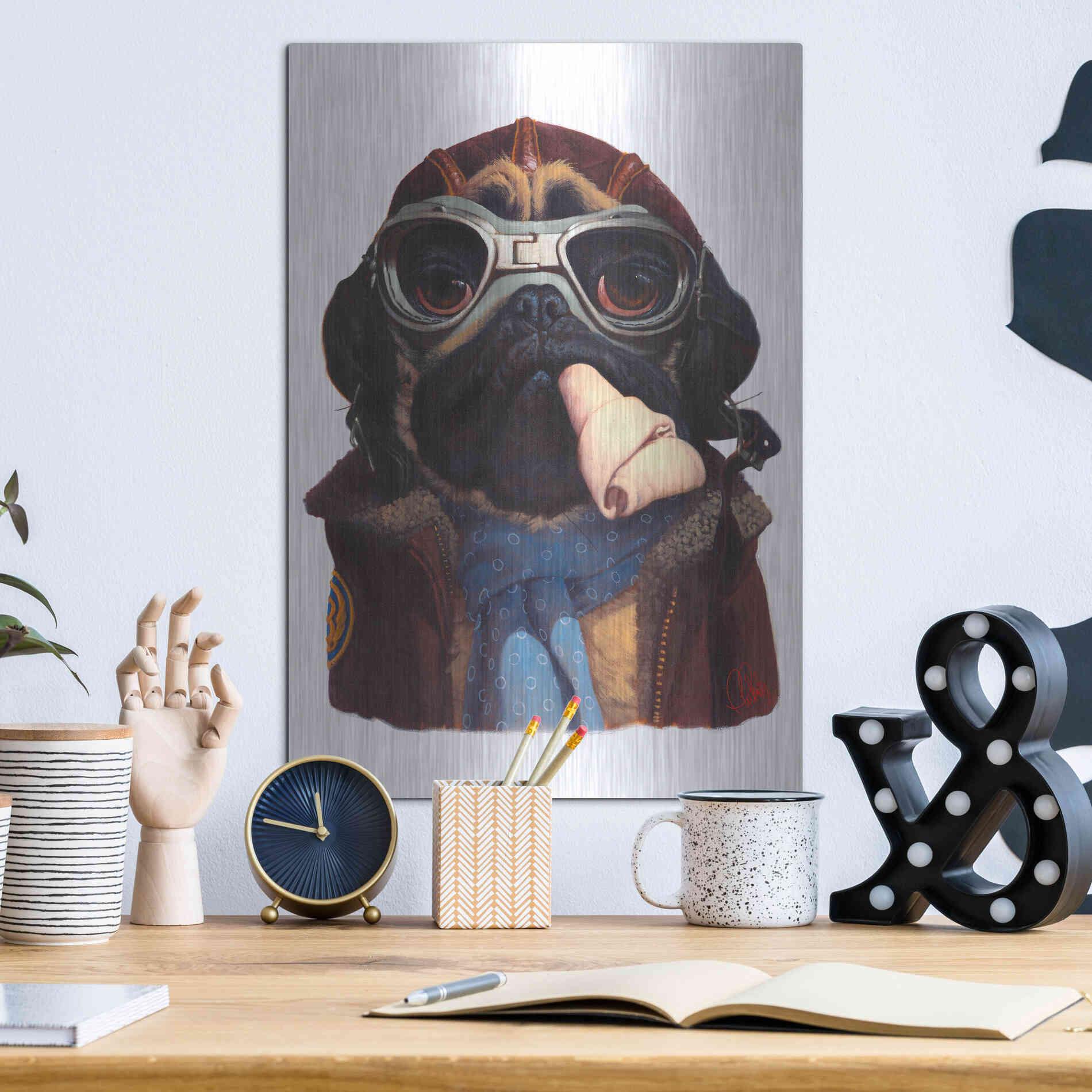 Luxe Metal Art 'Aviator Pug' by Thomas Fluharty, Metal Wall Art,12x16
