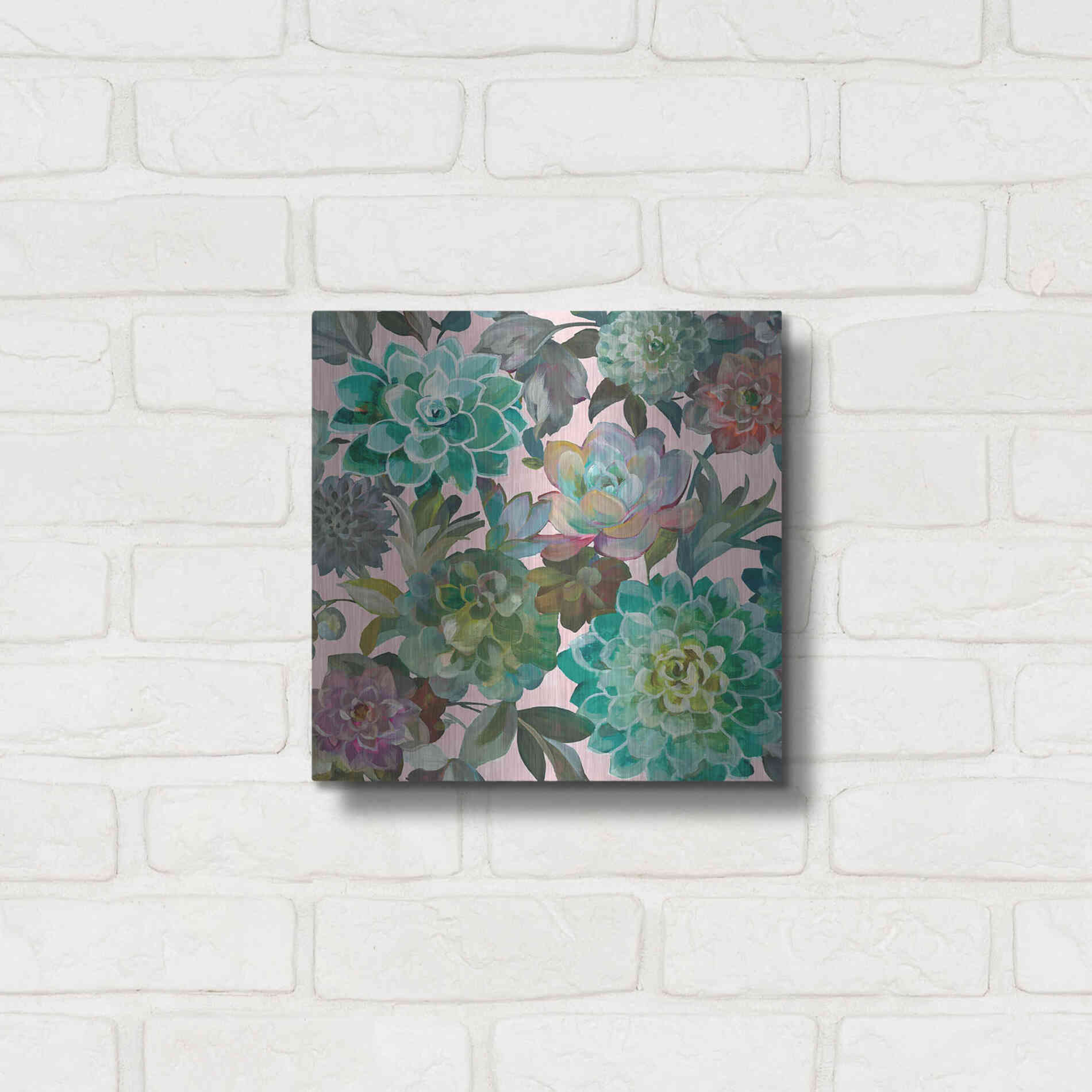 Luxe Metal Art 'Floral Succulents v2 Crop on Pink' by Danhui Nai, Metal Wall Art,12x12