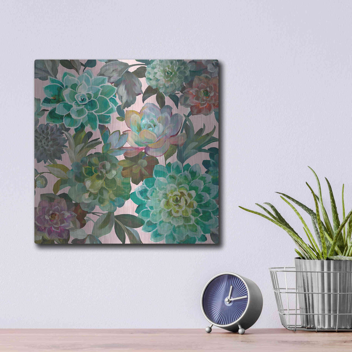 Luxe Metal Art 'Floral Succulents v2 Crop on Pink' by Danhui Nai, Metal Wall Art,12x12