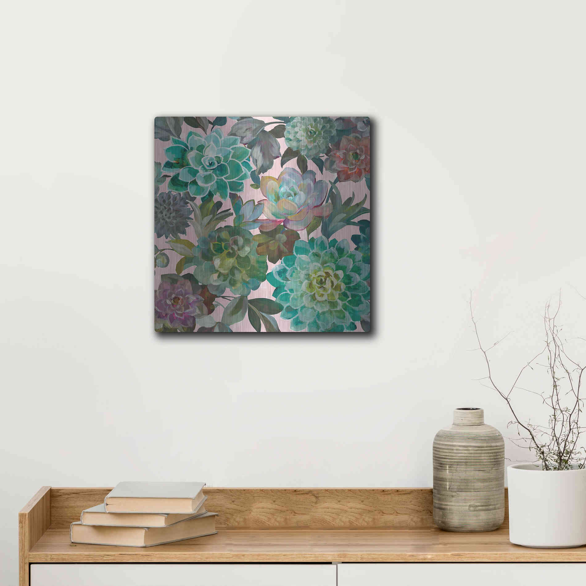 Luxe Metal Art 'Floral Succulents v2 Crop on Pink' by Danhui Nai, Metal Wall Art,12x12
