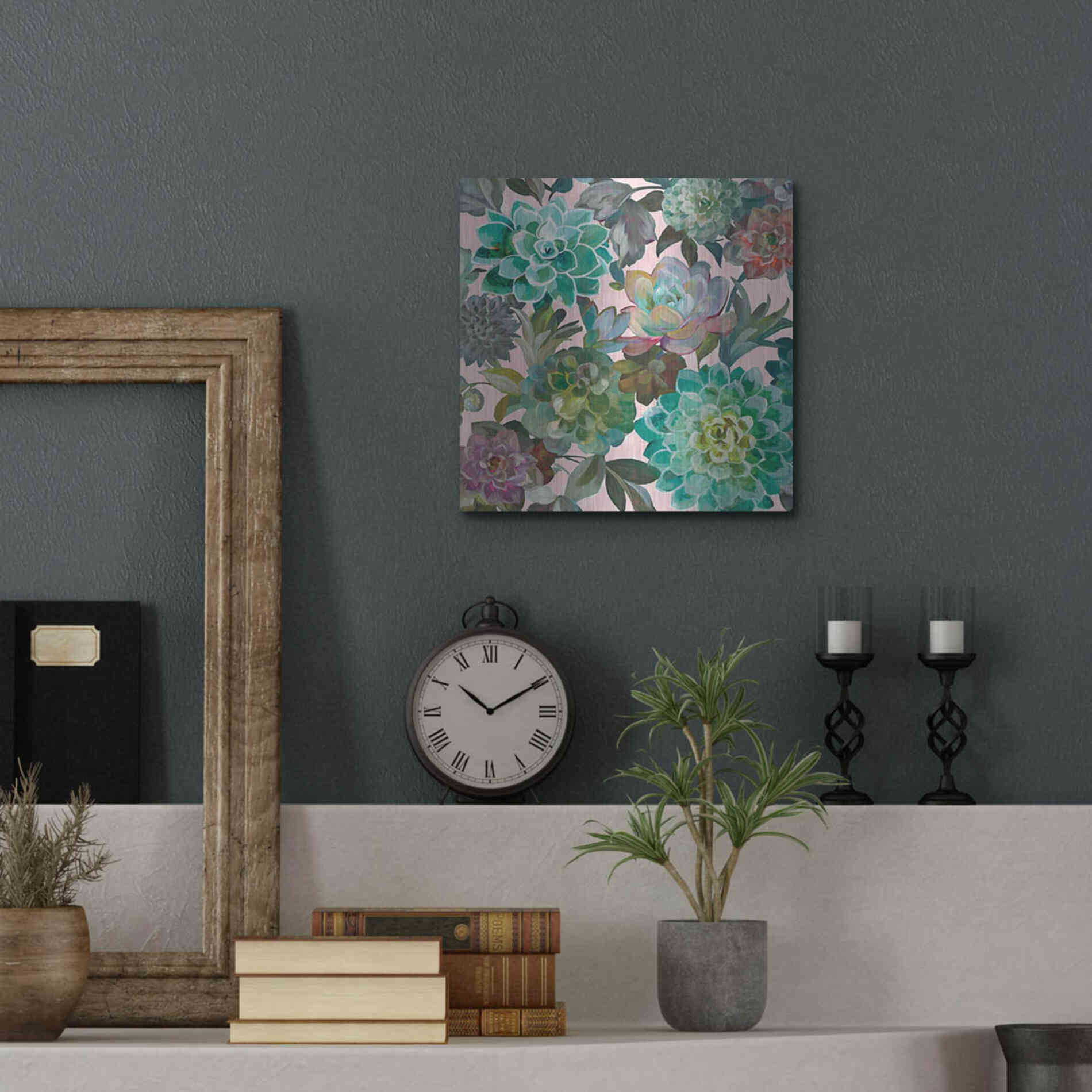 Luxe Metal Art 'Floral Succulents v2 Crop on Pink' by Danhui Nai, Metal Wall Art,12x12