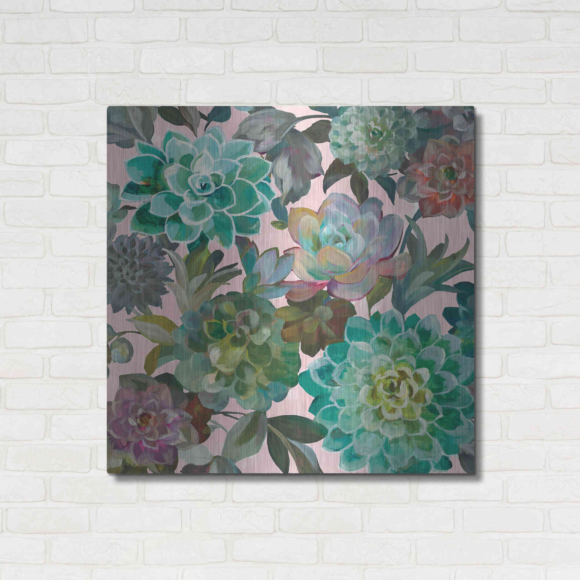 Luxe Metal Art 'Floral Succulents v2 Crop on Pink' by Danhui Nai, Metal Wall Art,36x36