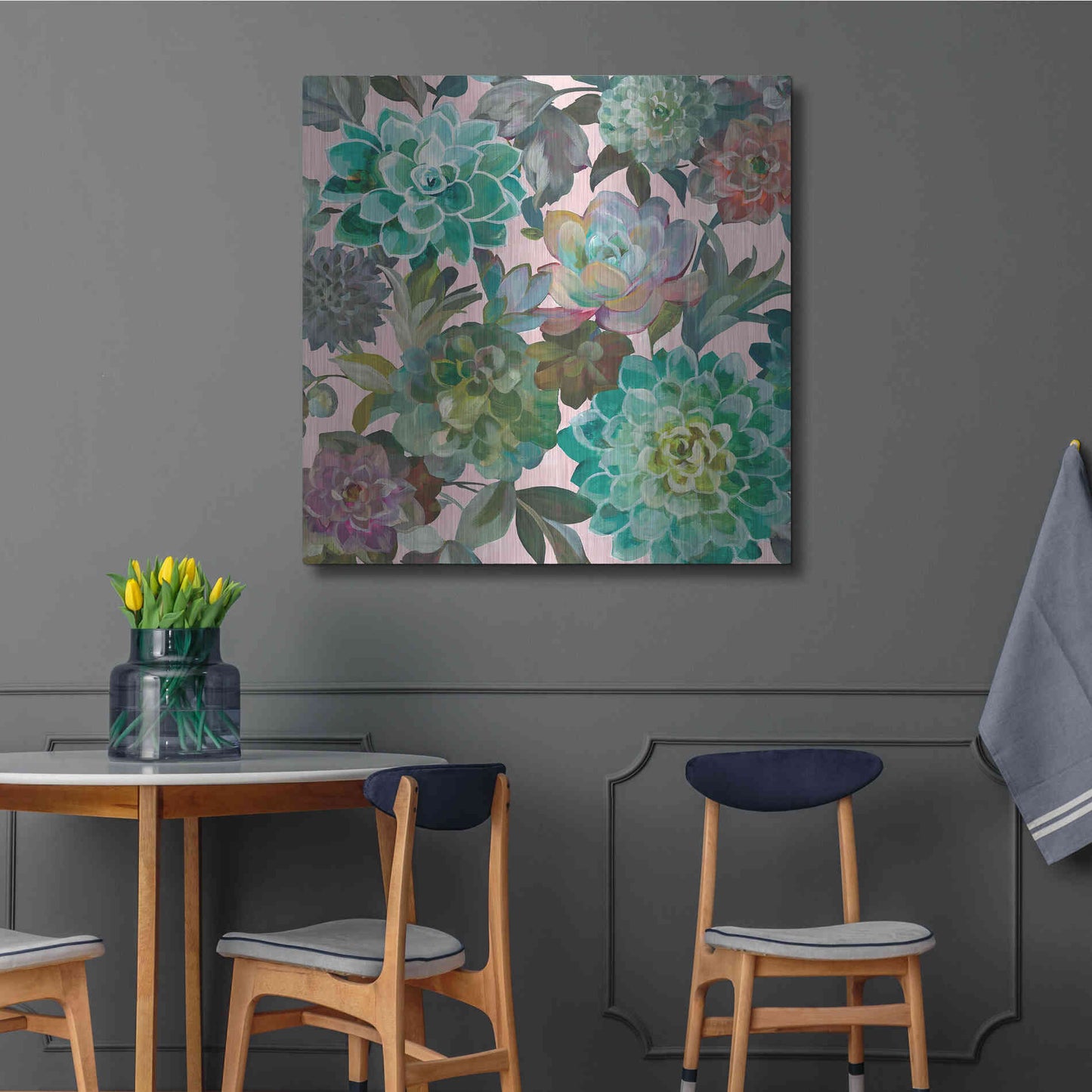 Luxe Metal Art 'Floral Succulents v2 Crop on Pink' by Danhui Nai, Metal Wall Art,36x36