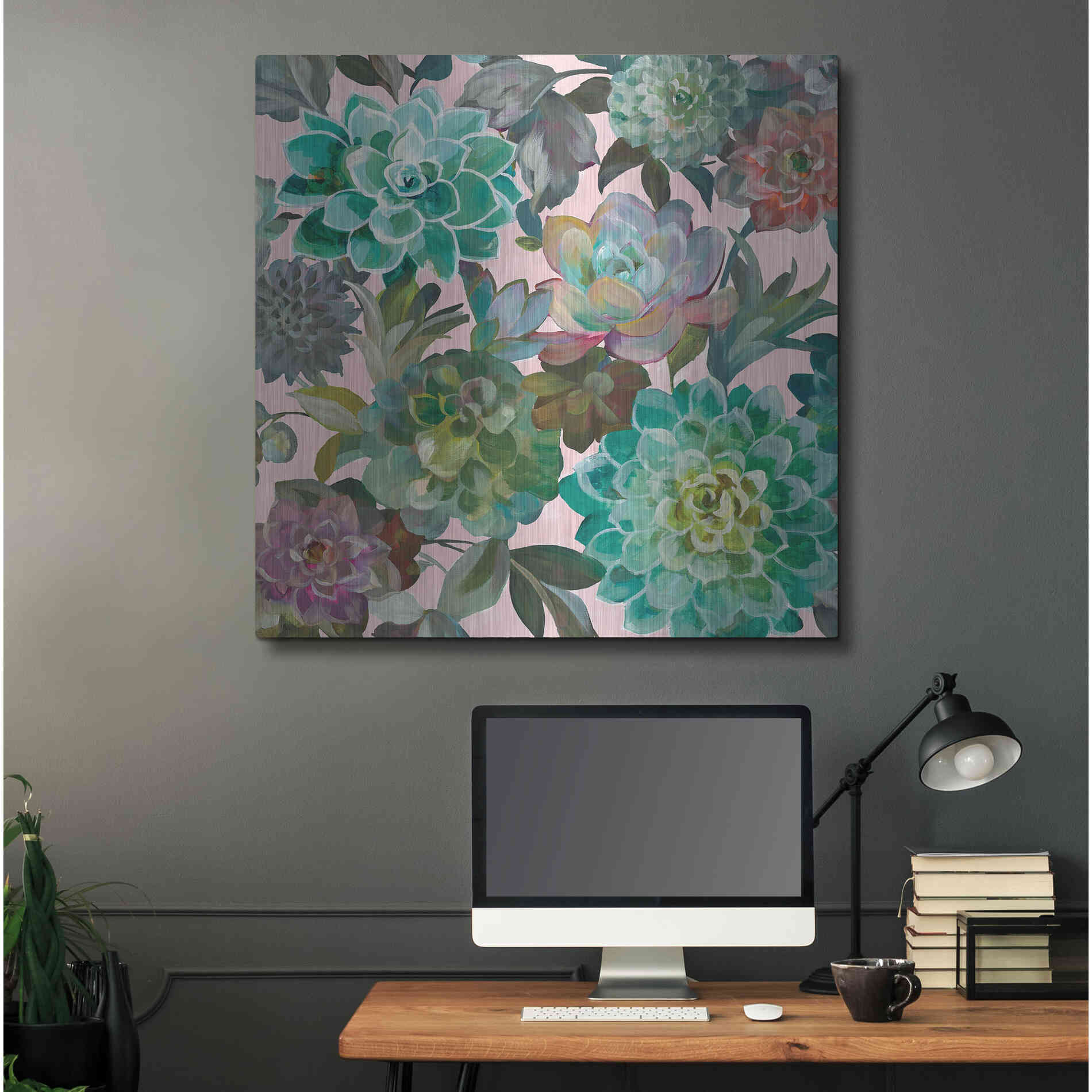 Luxe Metal Art 'Floral Succulents v2 Crop on Pink' by Danhui Nai, Metal Wall Art,36x36