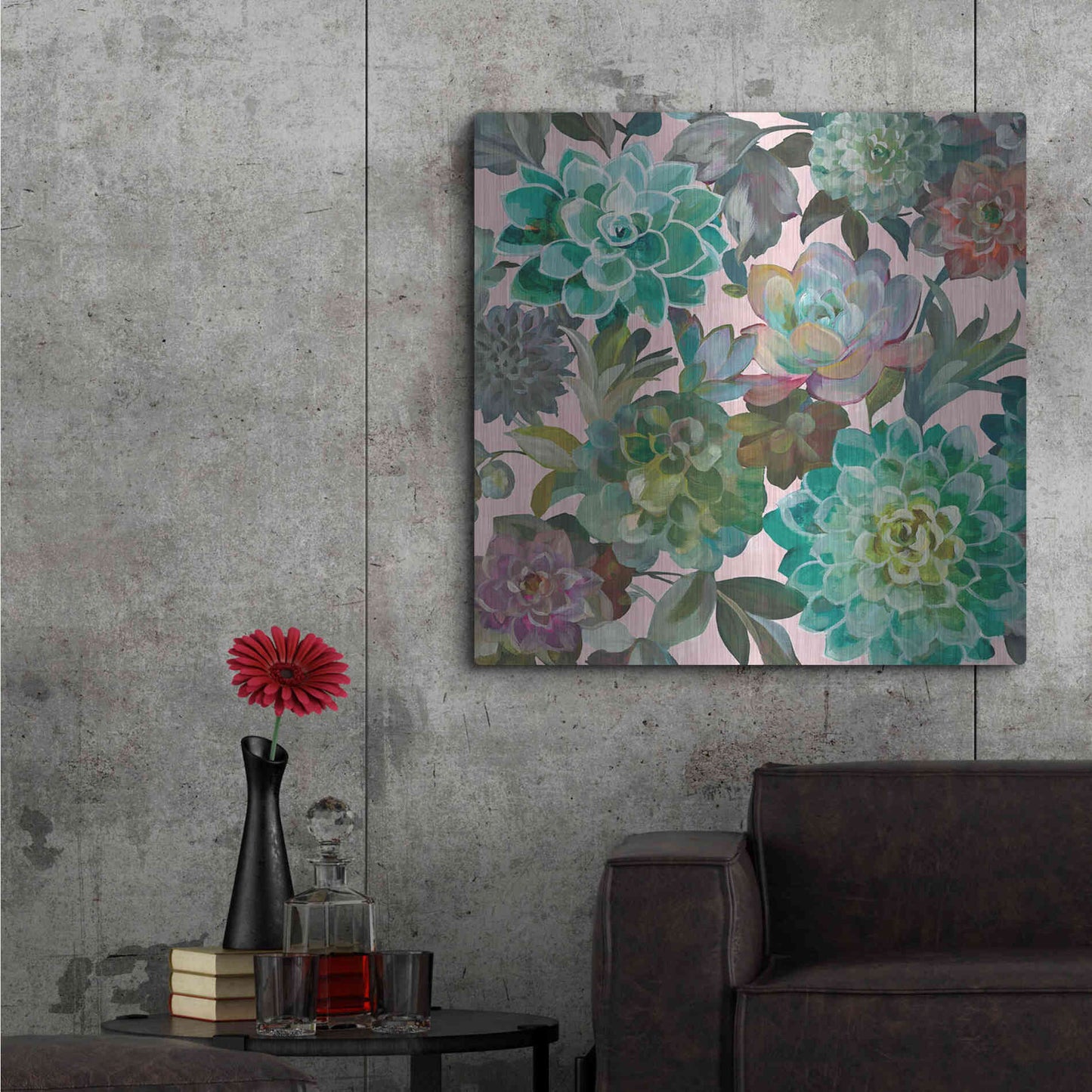 Luxe Metal Art 'Floral Succulents v2 Crop on Pink' by Danhui Nai, Metal Wall Art,36x36