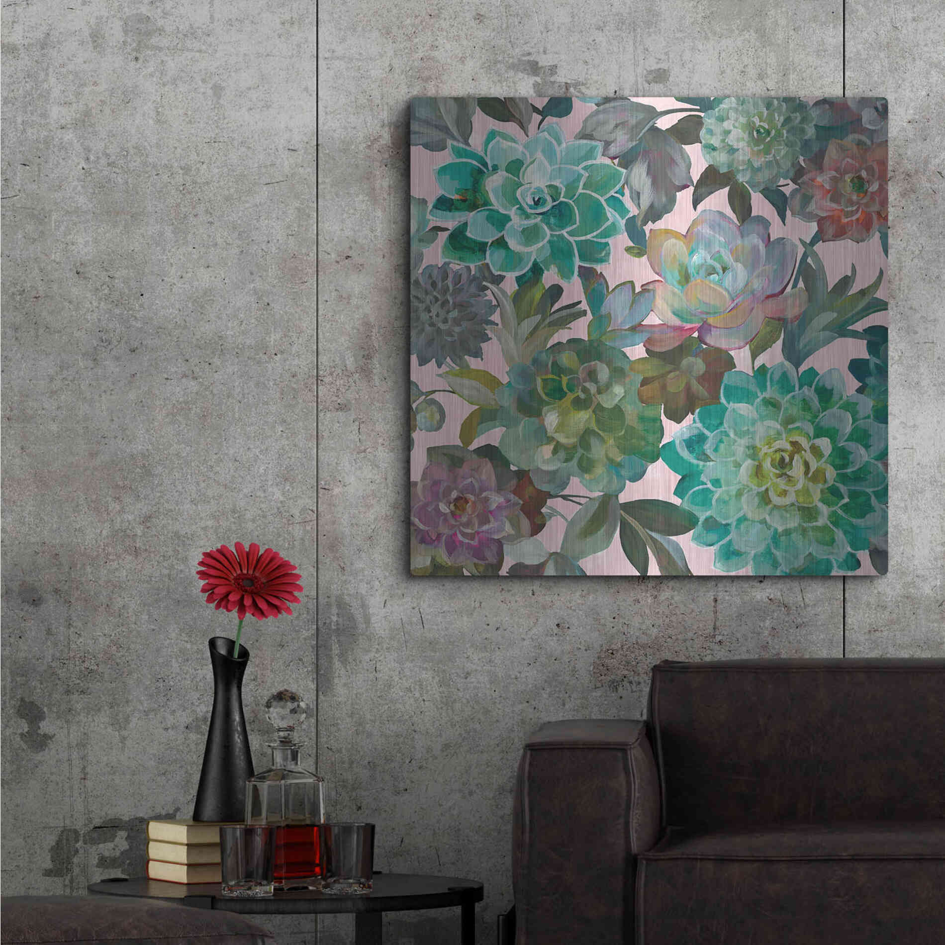 Luxe Metal Art 'Floral Succulents v2 Crop on Pink' by Danhui Nai, Metal Wall Art,36x36