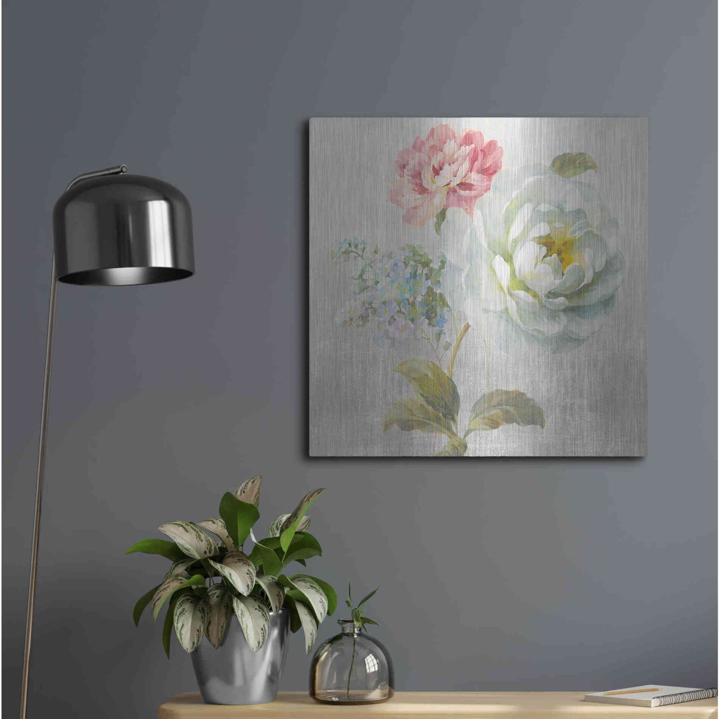 Luxe Metal Art 'Textile Floral Square I No Lace' by Danhui Nai, Metal Wall Art,24x24