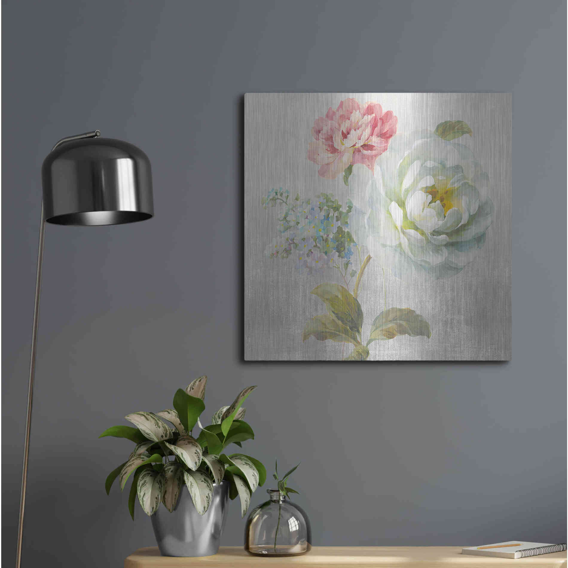 Luxe Metal Art 'Textile Floral Square I No Lace' by Danhui Nai, Metal Wall Art,24x24