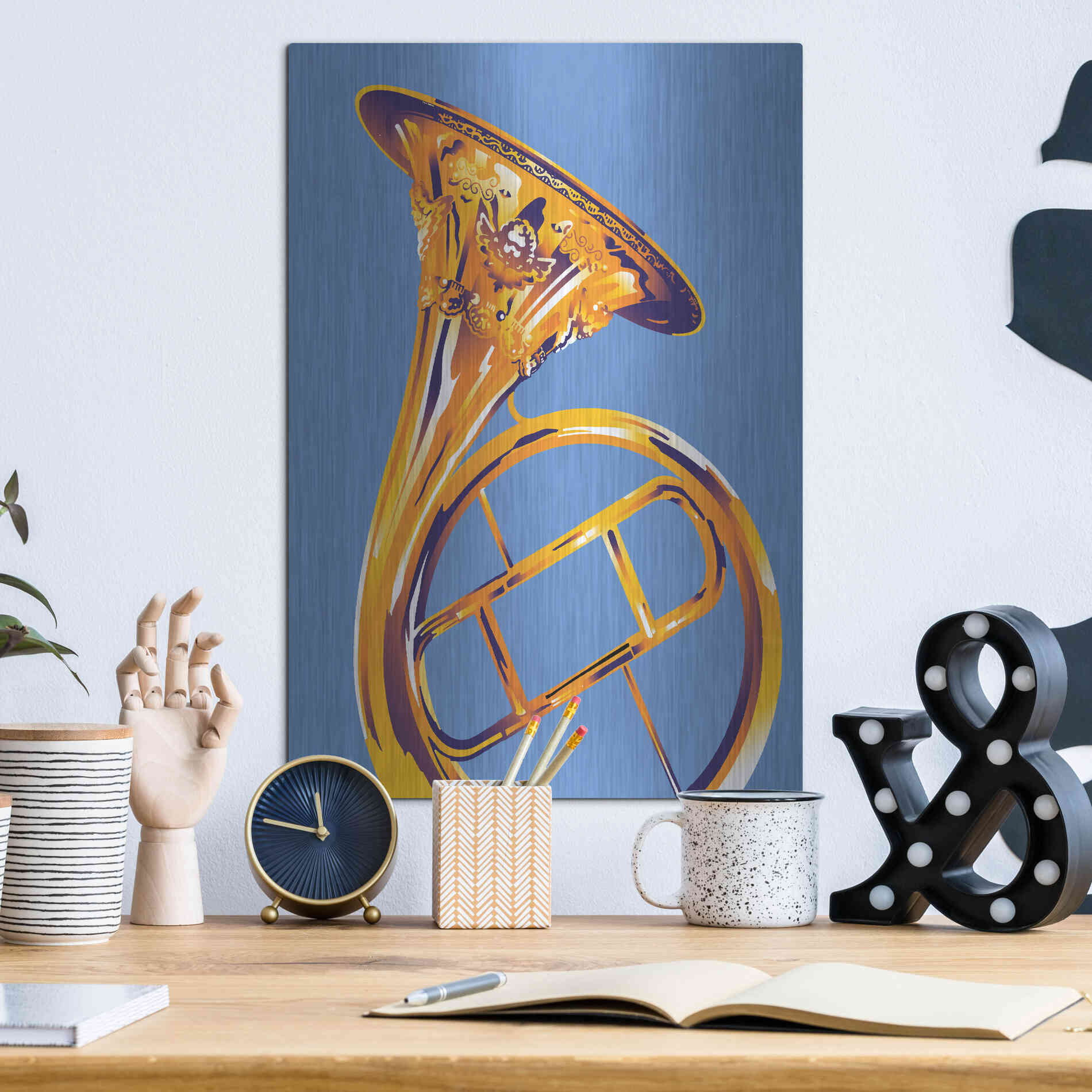 Luxe Metal Art 'French Horn 8' by David Chestnutt, Metal Wall Art,12x16