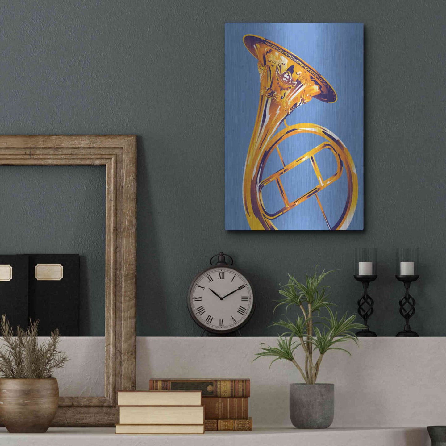 Luxe Metal Art 'French Horn 8' by David Chestnutt, Metal Wall Art,12x16