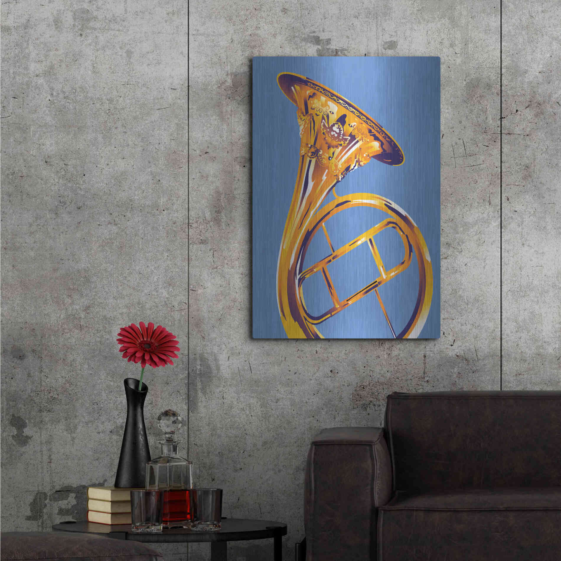 Luxe Metal Art 'French Horn 8' by David Chestnutt, Metal Wall Art,24x36