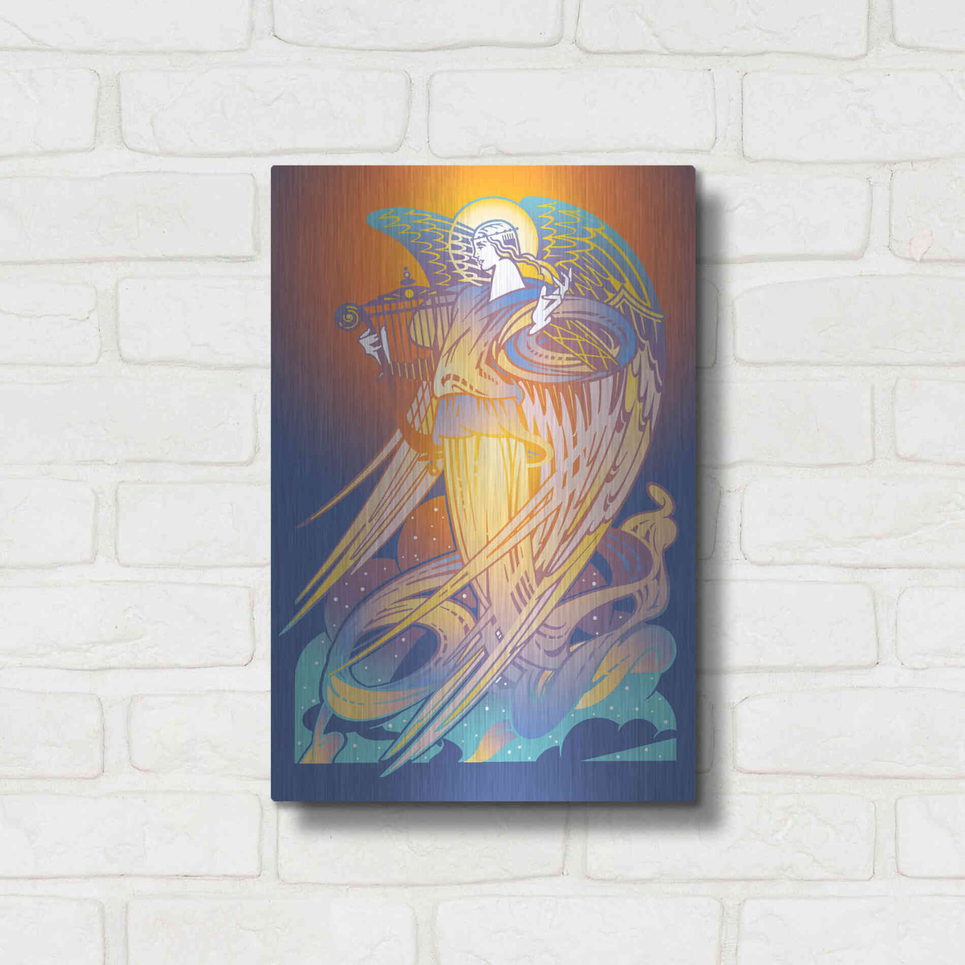 Luxe Metal Art 'New Angel With Harp' by David Chestnutt, Metal Wall Art,12x16